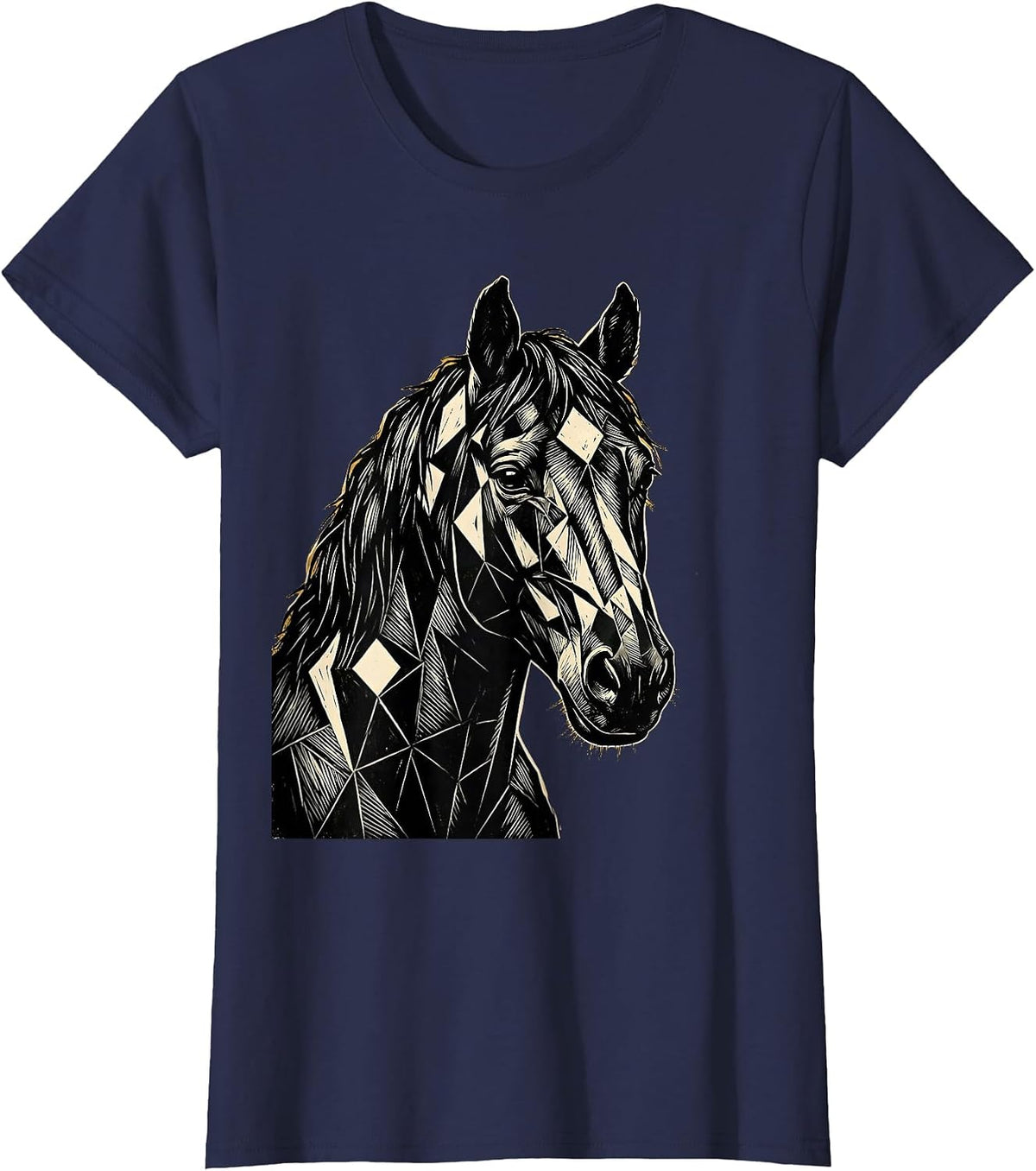 Women's Geometric Horse Head Portrait Illustration T-Shirt - Navy Blue