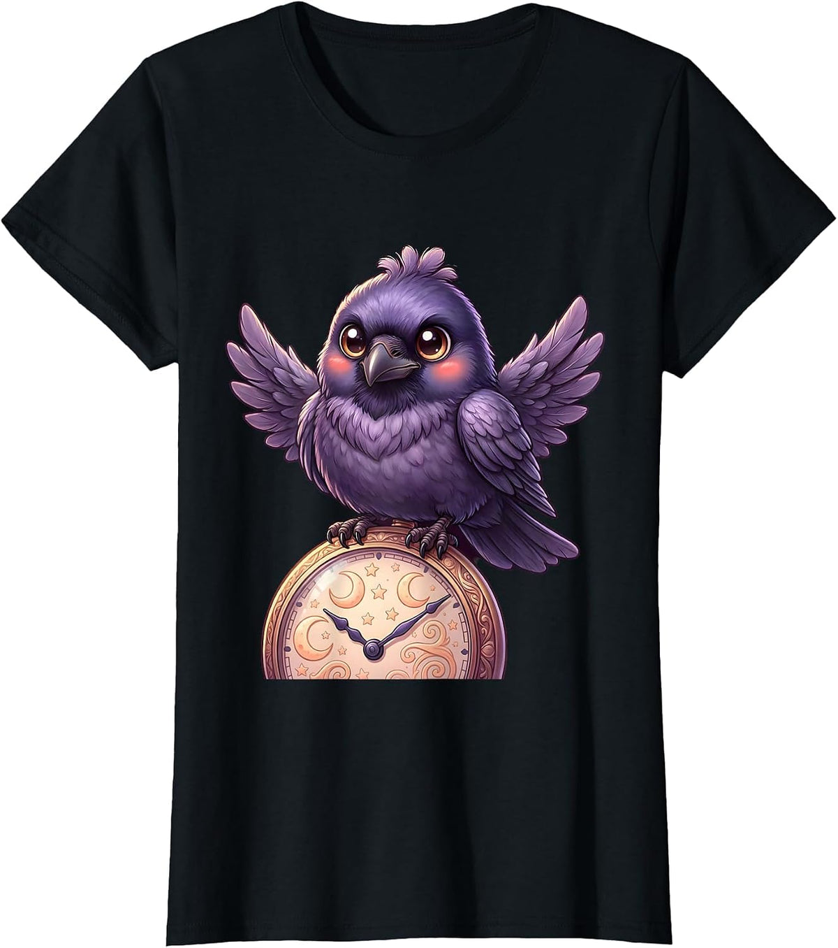 Raven With Pocket Watch Halloween Gothic Art T-Shirt - Black