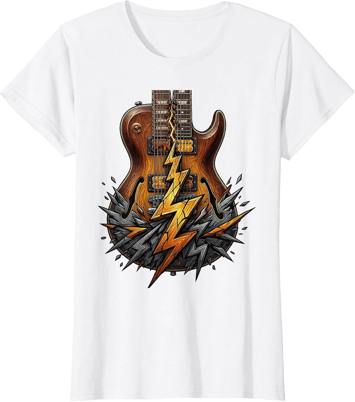 Double-Neck Guitar Lightning Bolt Rock Graphic T-Shirt - White