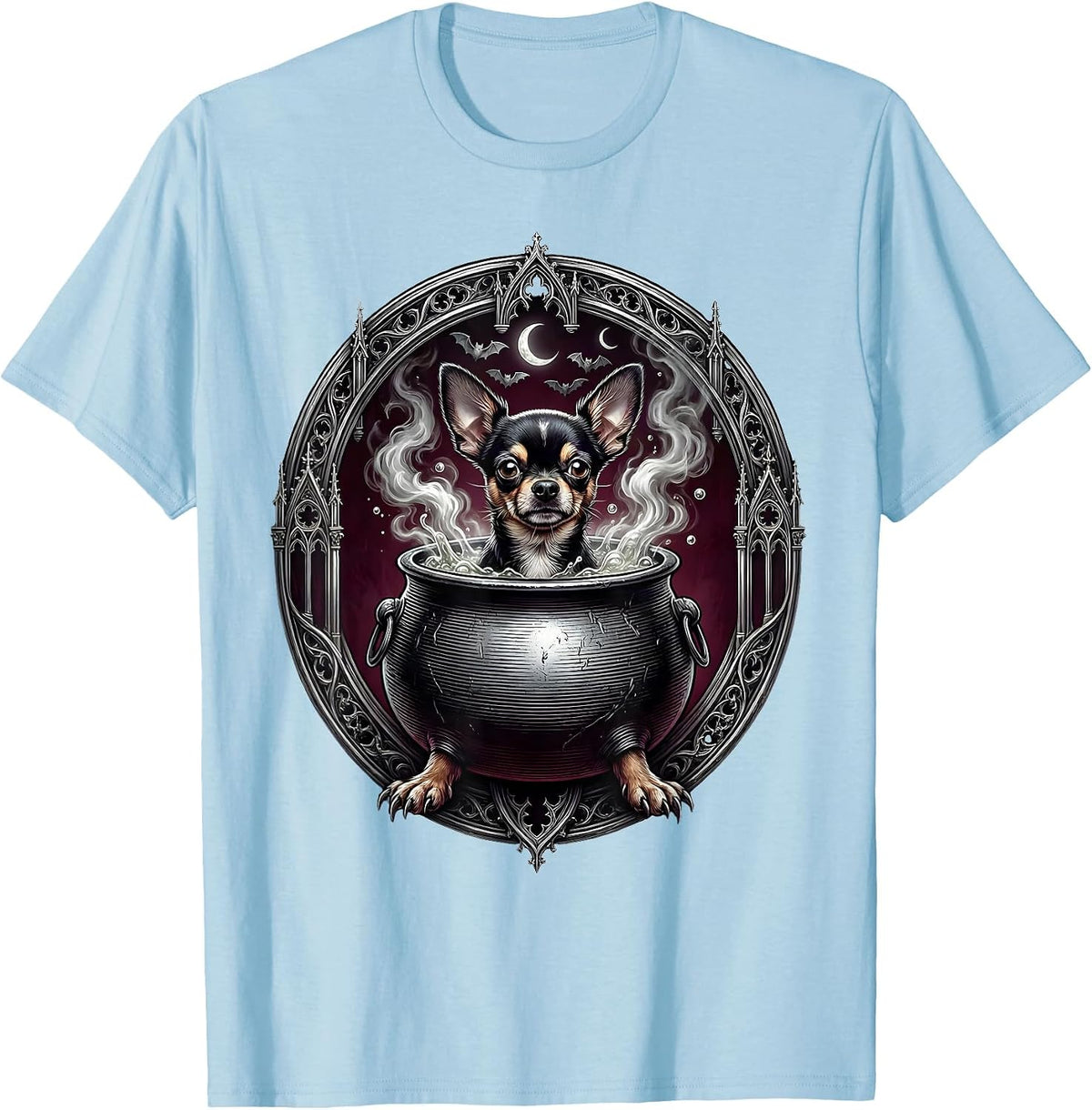 Men's Halloween Chihuahua Witch Cauldron Funny Dog Design T-Shirt - Baby Blue