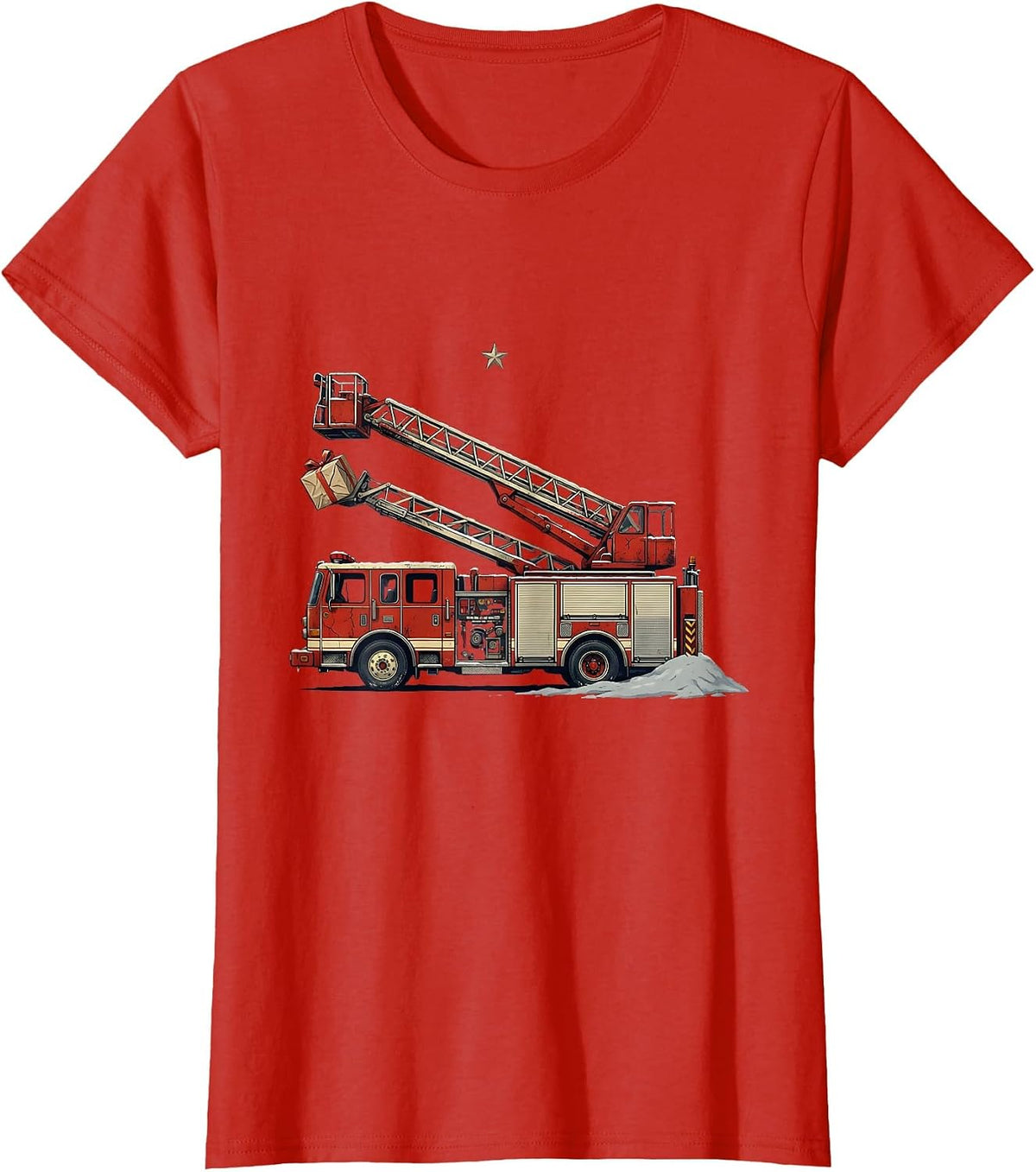 Women's Fire Engine Ladder Rescue Distressed Firefighter Christmas T-Shirt - Red