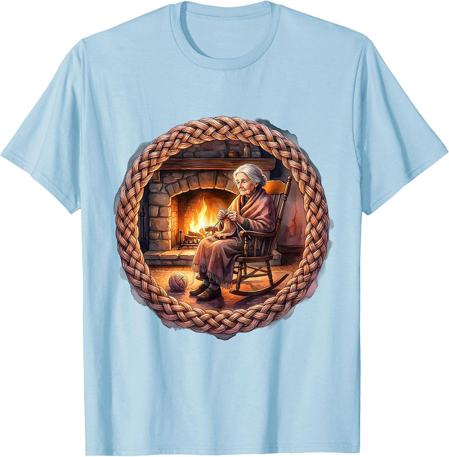 Men's Irish Grandma Knitting by Fireplace Illustration T-Shirt - Baby Blue