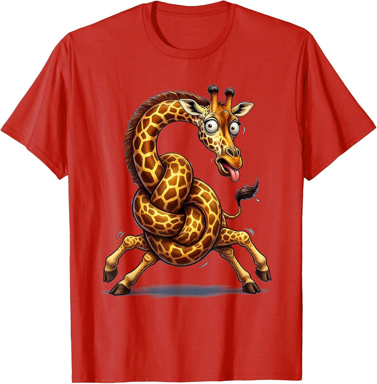 Men's Derpy Giraffe Tangled Neck Funny Animal Art T-Shirt - Red