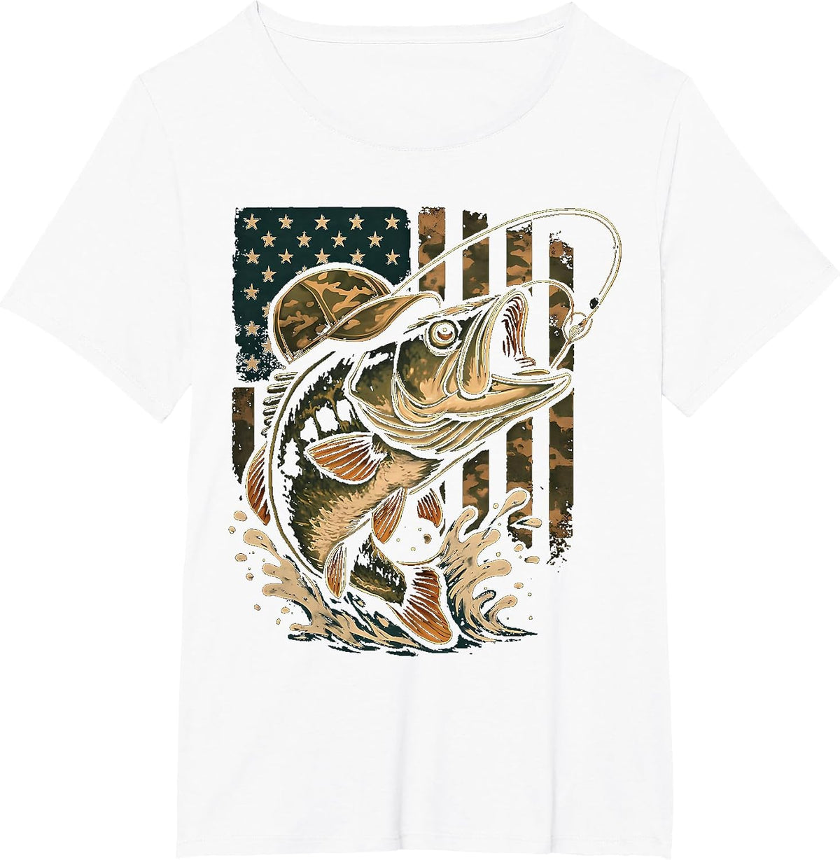 Fishing Camouflage US American Flag Bass Fish Fisherman Camo T-Shirt - White