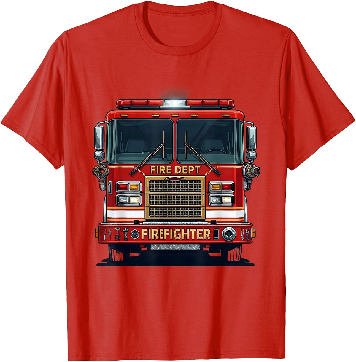 Men's FIRE DEPT FIREFIGHTER Fire Truck Badge Halloween Costume T-Shirt - Red