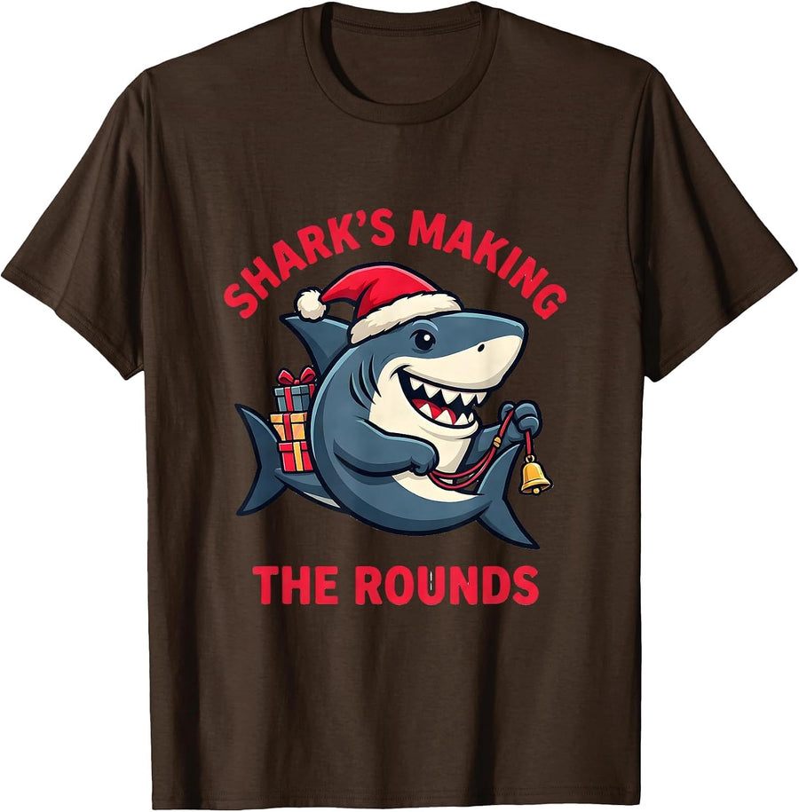 Men's Shark's Making The Rounds Funny Shark Lover Christmas Pun T-Shirt - Brown
