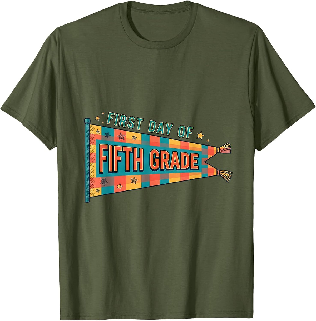Men's First Day of Fifth Grade Cheerful Back to School Pennant T-Shirt - Olive Green
