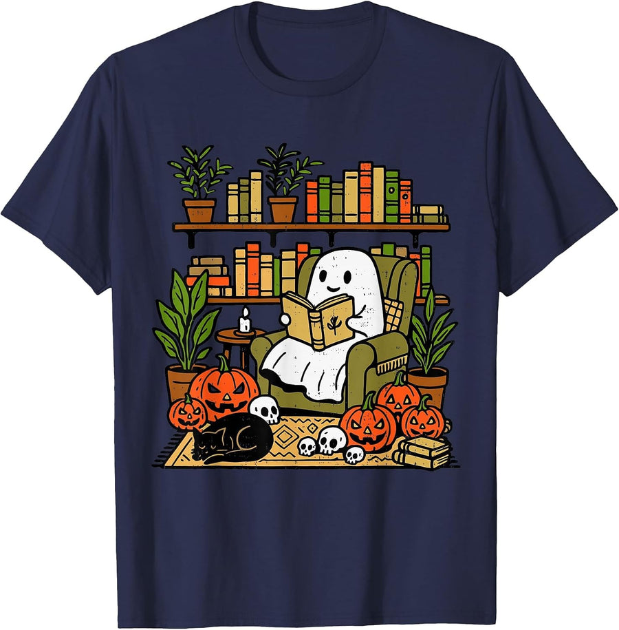 Ghost Library Reading Books Halloween Librarian Teacher T-Shirt - Navy Blue