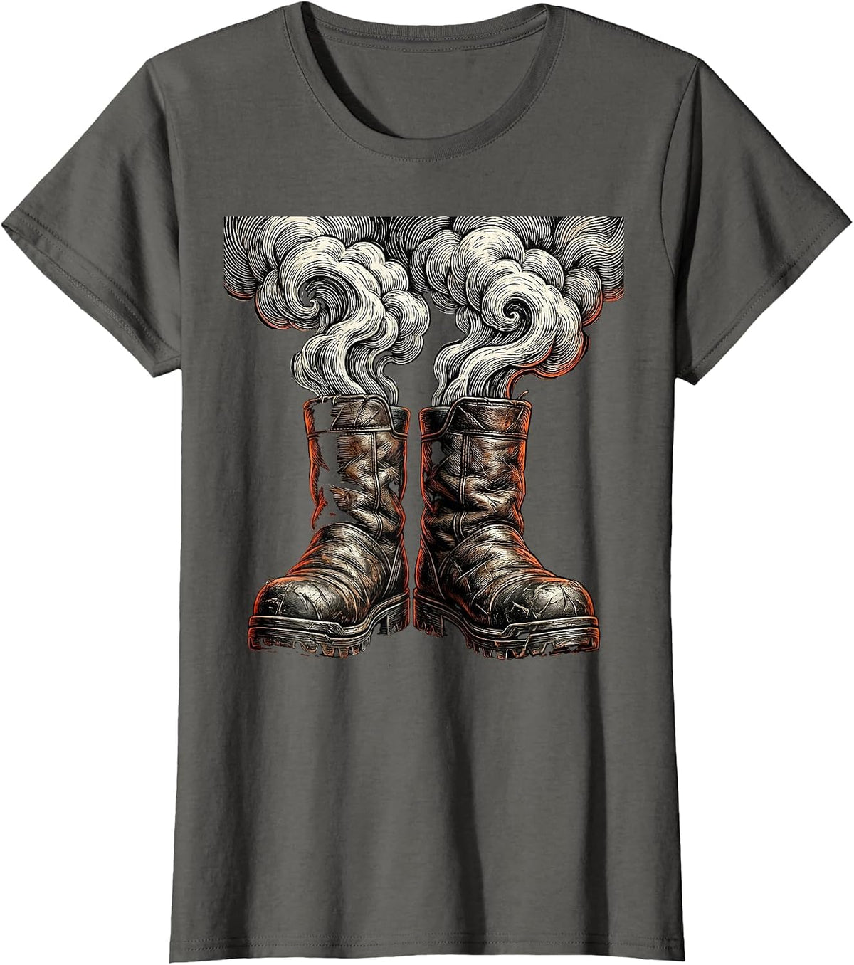 Women's Worn Firefighter Turnout Boots Smoking Graphic T-Shirt - Asphalt Grey