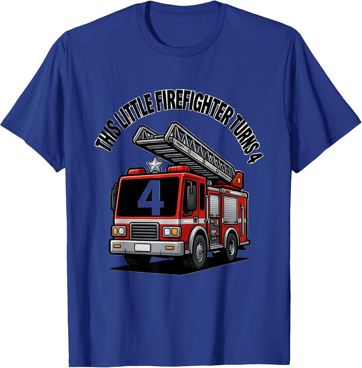 Men's This Little Firefighter Turns 4 Cartoon Fire Truck Toddler T-Shirt - Royal Blue