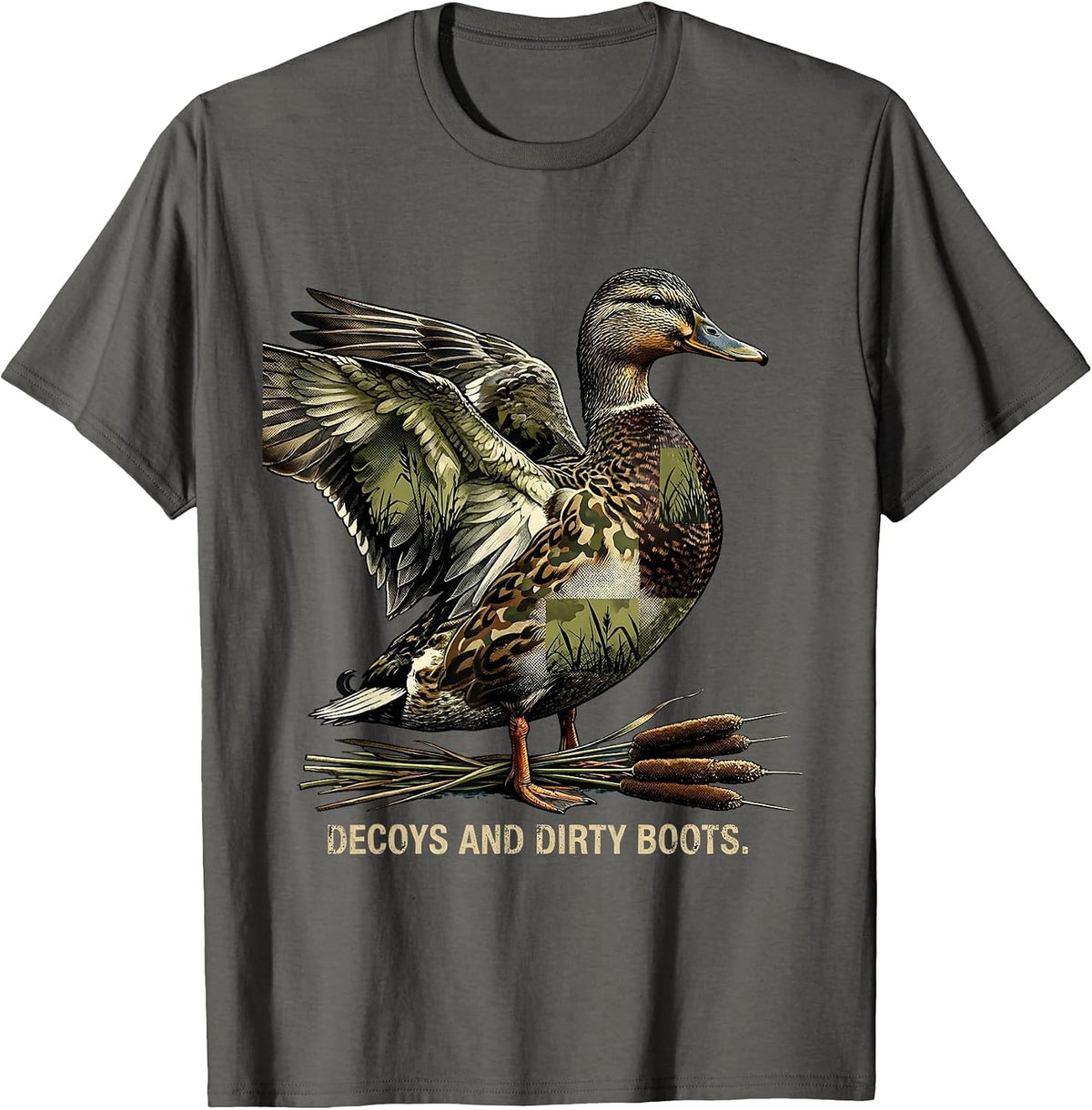 Decoys and Dirty Boots Duck Camo Hunting Design T-Shirt - Asphalt Grey