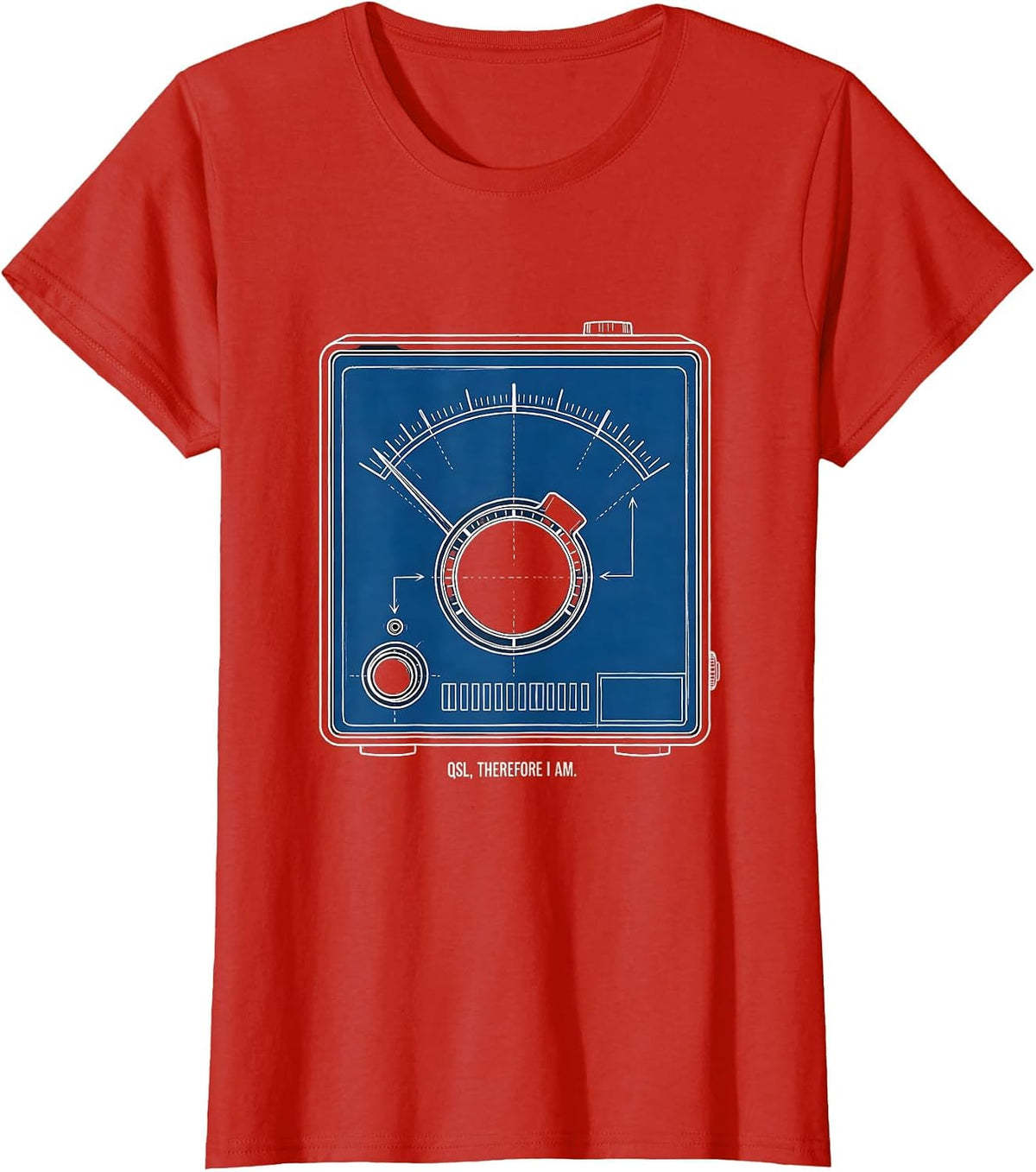 Women's QSL Therefore I Am Technical Blueprint Ham Radio Operator T-Shirt - Red