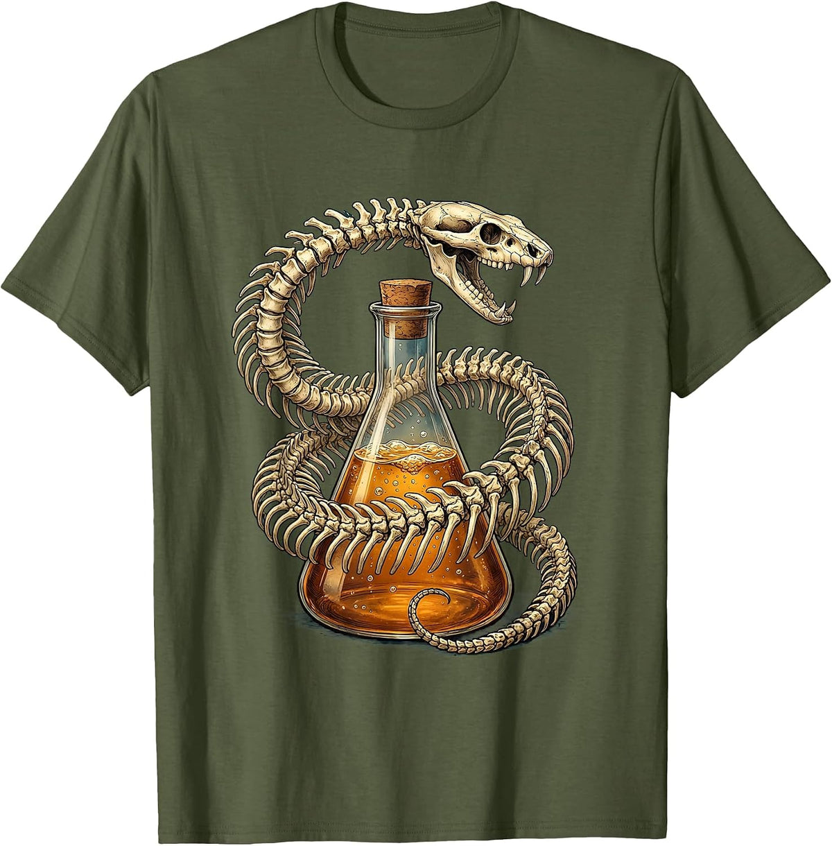 Snake Skeleton Coiled Around Chemistry Beaker T-Shirt - Olive Green