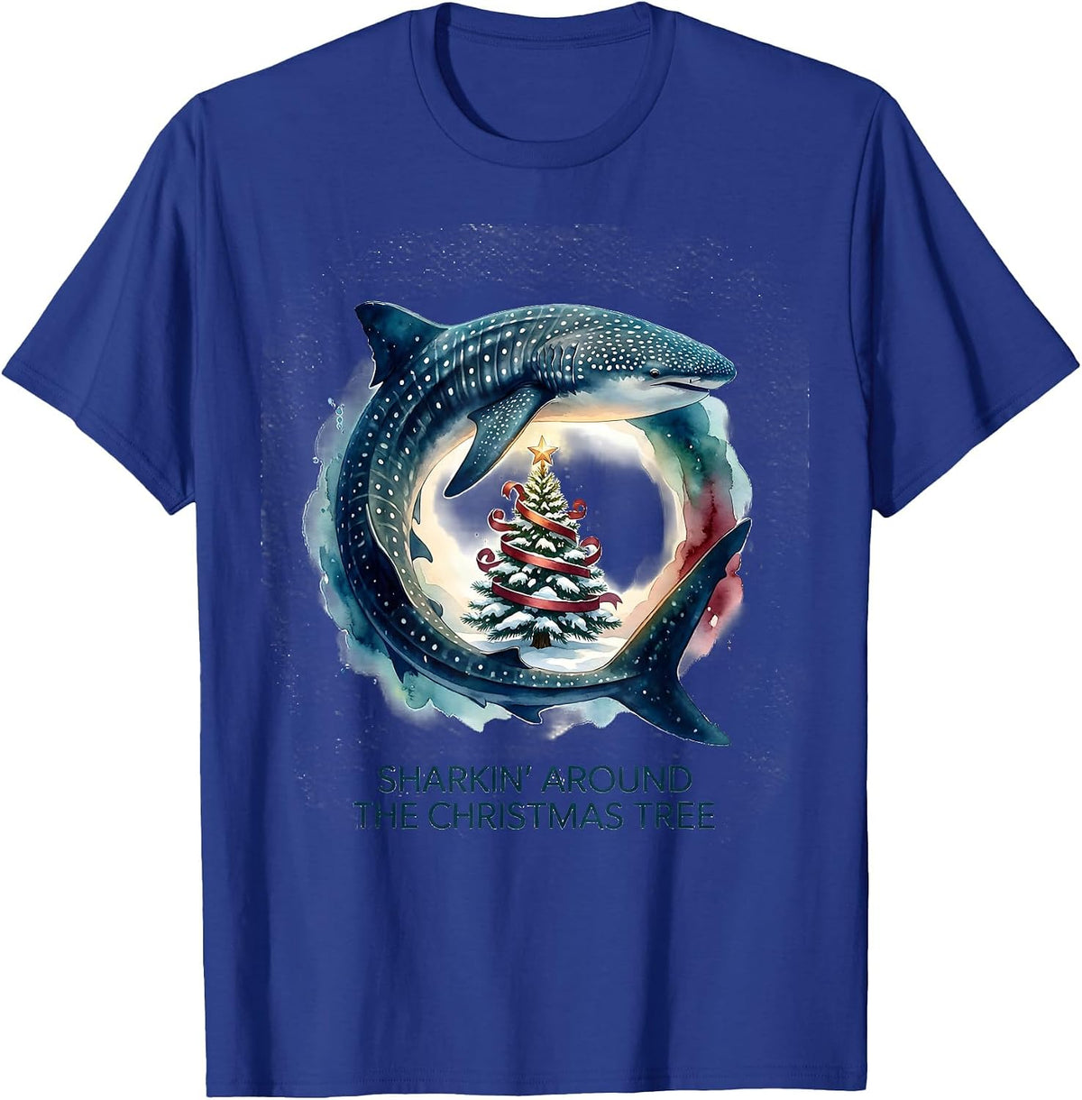 Sharkin Around the Christmas Tree Watercolor Funny Shark T-Shirt - Royal Blue