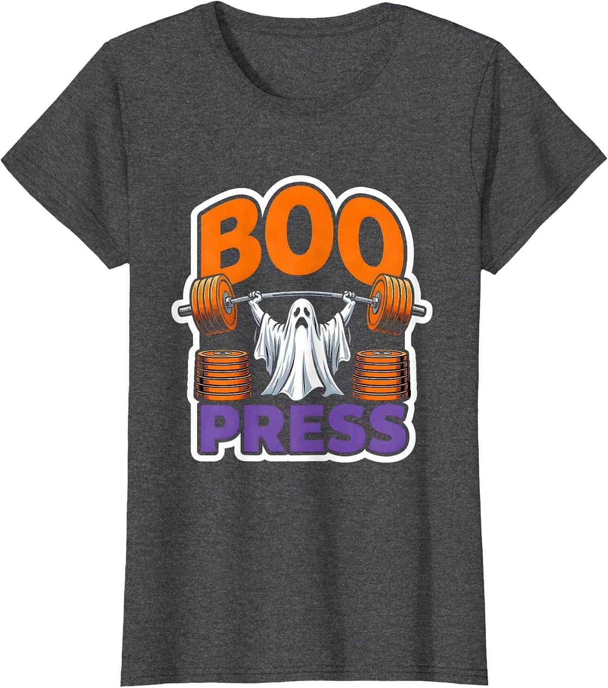 Women's Boo Press Funny Ghost Weight Lifting Gym Workout Halloween T-Shirt - Dark Heather Grey