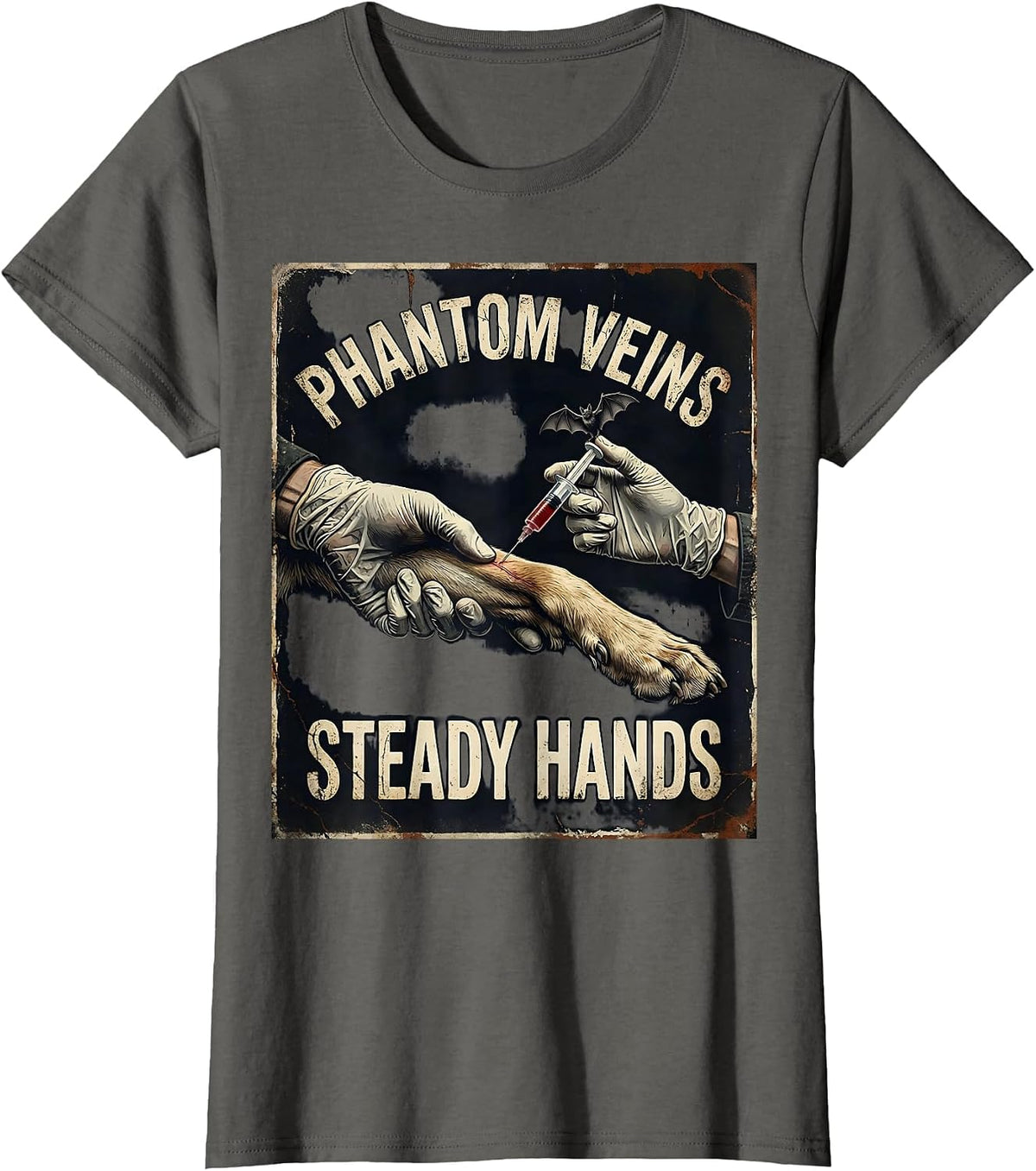 Women's Phantom Veins Steady Hands Distressed Vet Tech Halloween T-Shirt - Asphalt Grey