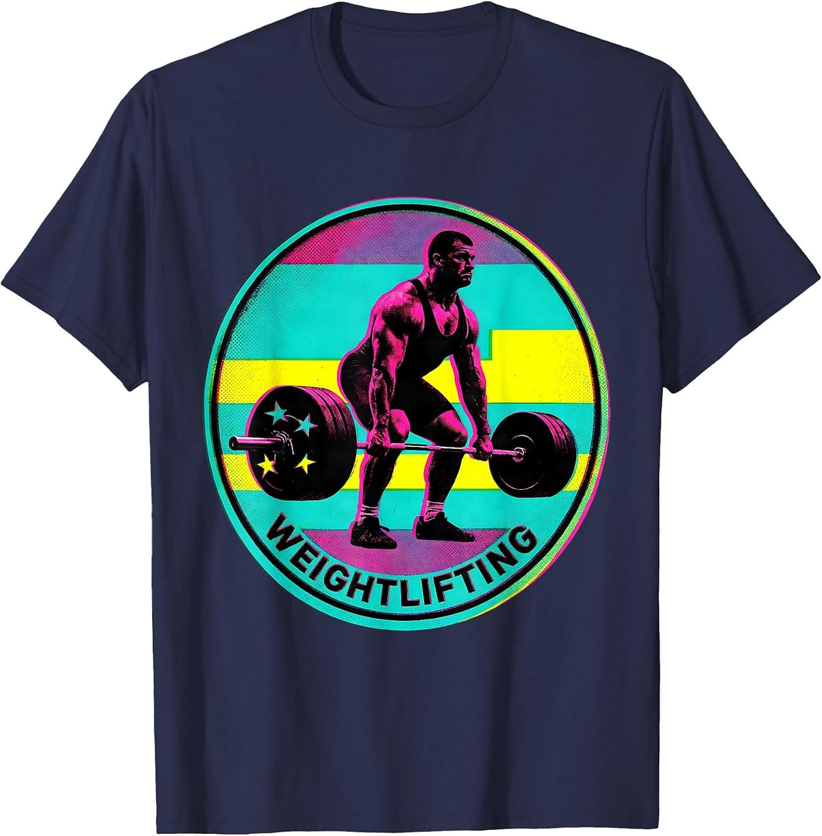 Men's Weightlifting Patriotic American Flag Weightlifter Risograph T-Shirt - Navy Blue
