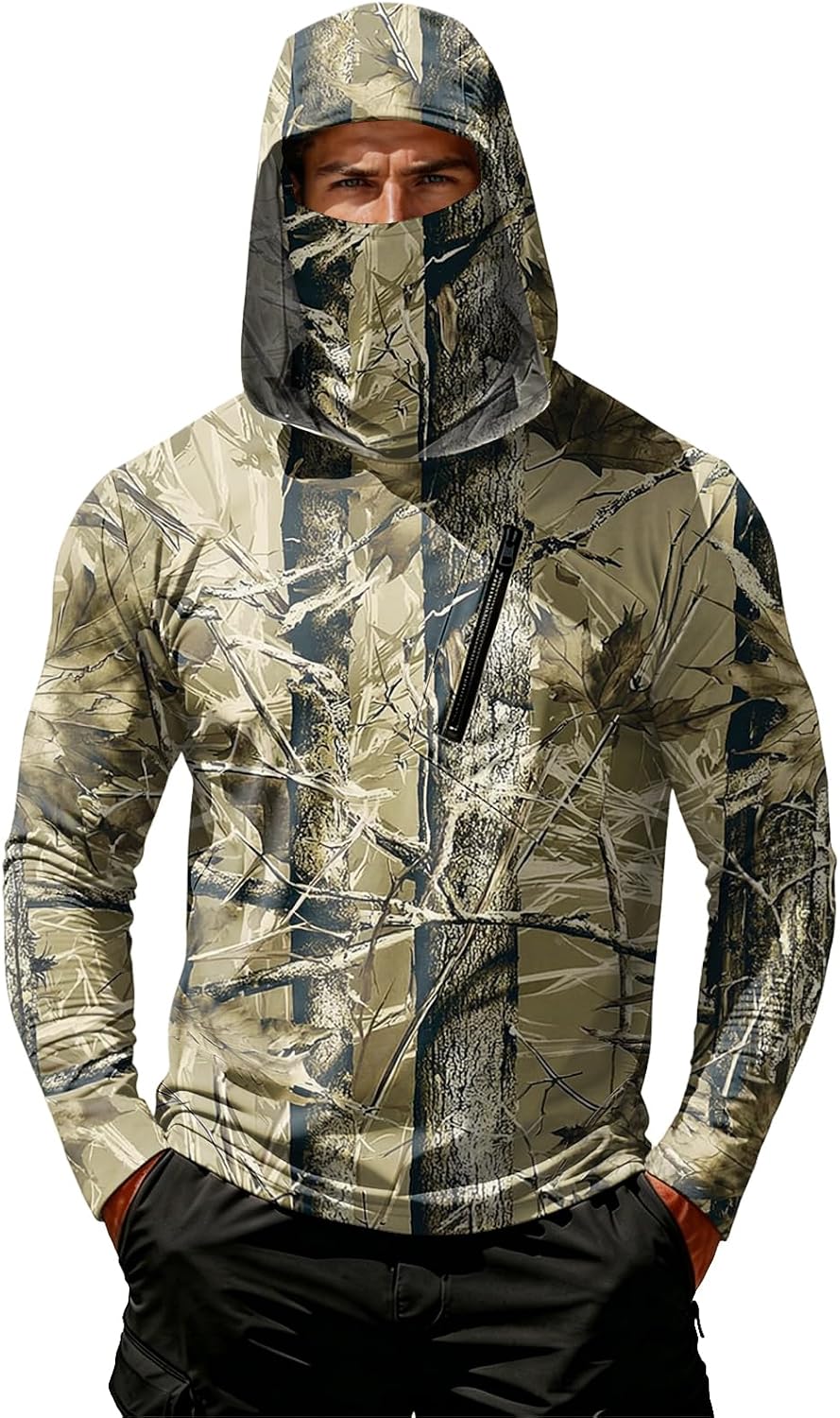 Camo Long Sleeve Shirt Men Sun Protection Hooded Fishing Shirts with Face Mask Lightweight Uv Upf 50 Hunting Shirt -