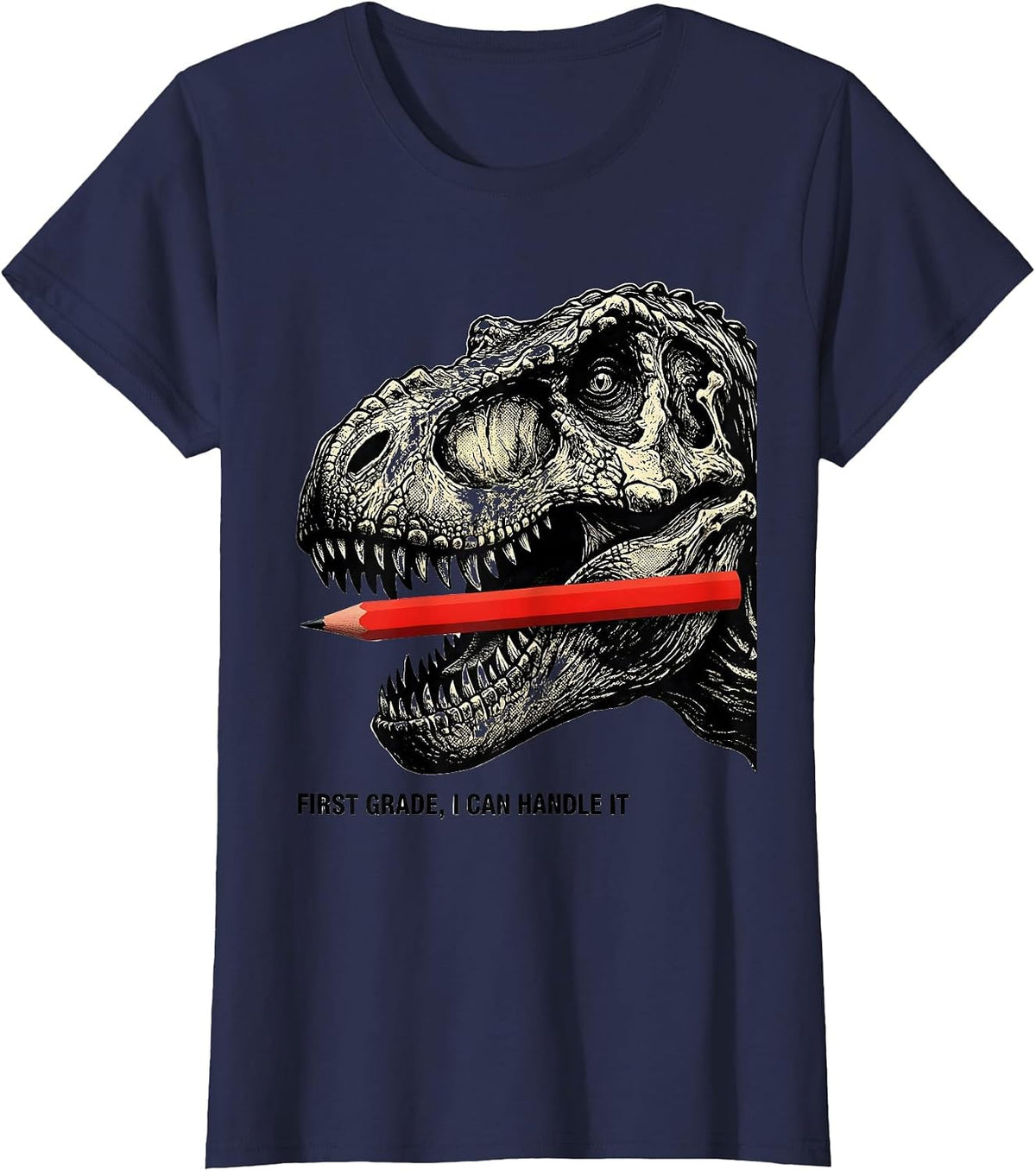 Women's First Grade I Can Handle It Playful Dinosaur Boy Back T-Shirt - Navy Blue