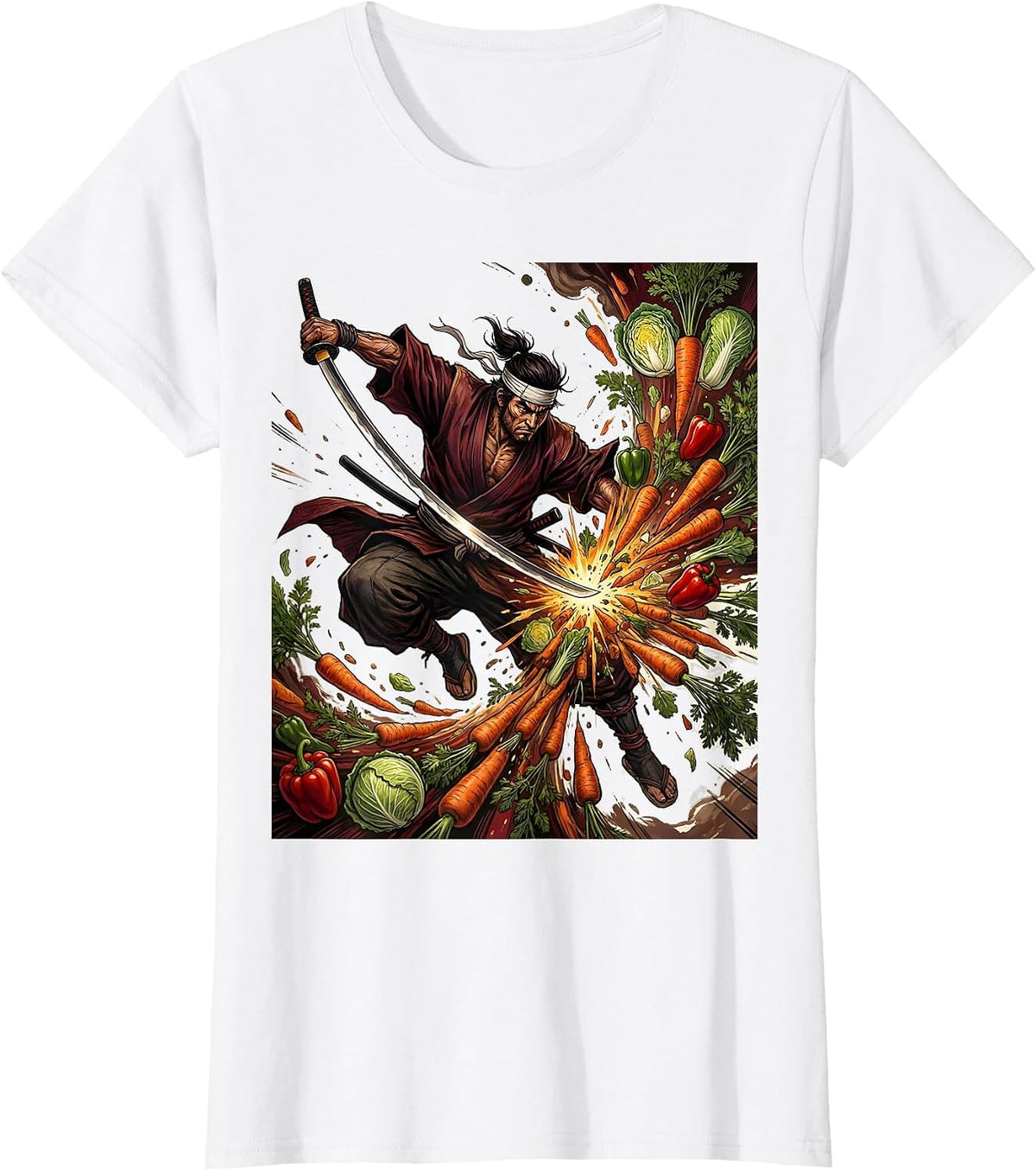 Samurai Chef Warrior Slicing Vegetables Art T-Shirt - White