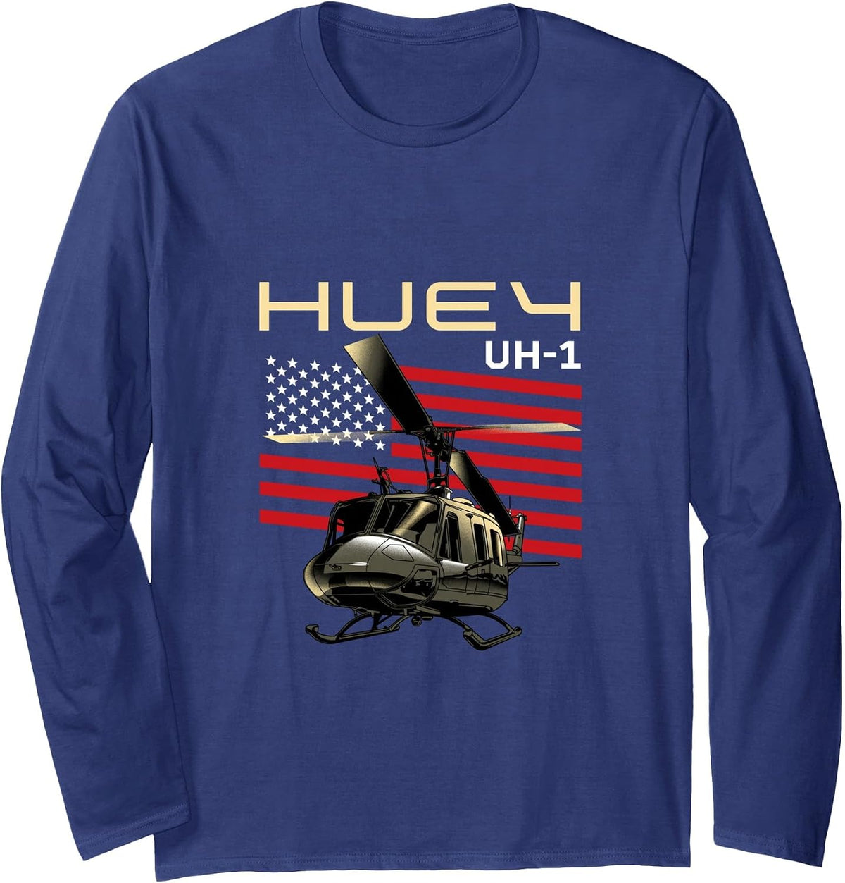 Huey Military Helicopter Airplane Long Sleeve T-Shirt - Adult Unisex Navy Blue