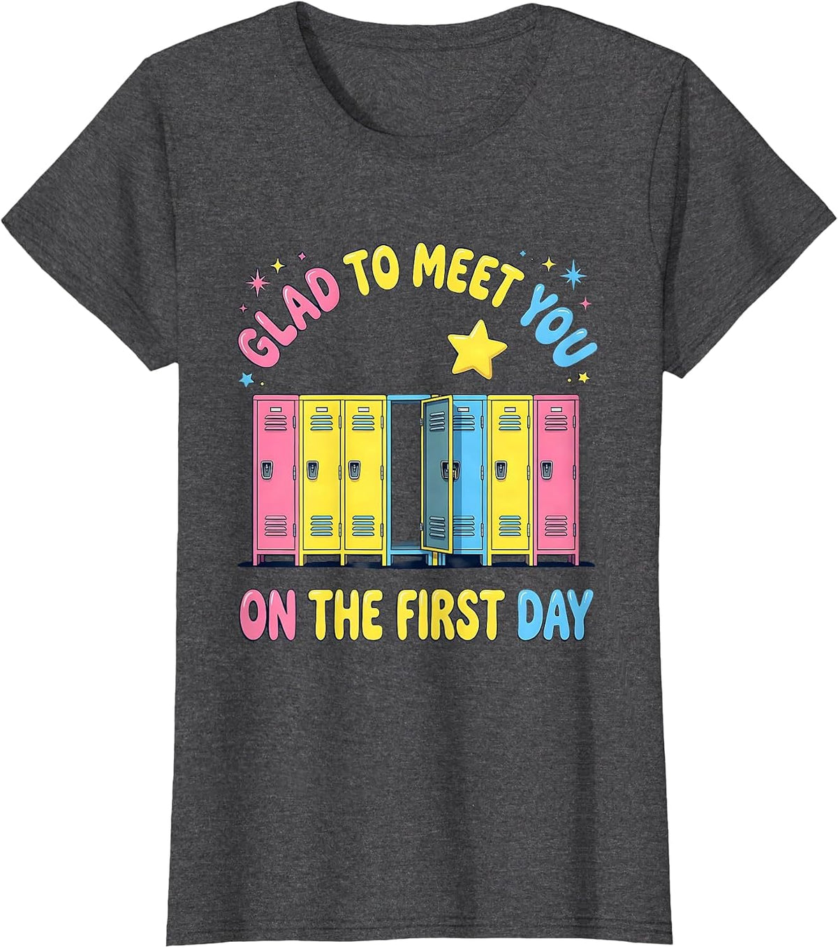 Women's Glad To Meet You On The First Day Bold Teacher First Day T-Shirt - Dark Heather Grey
