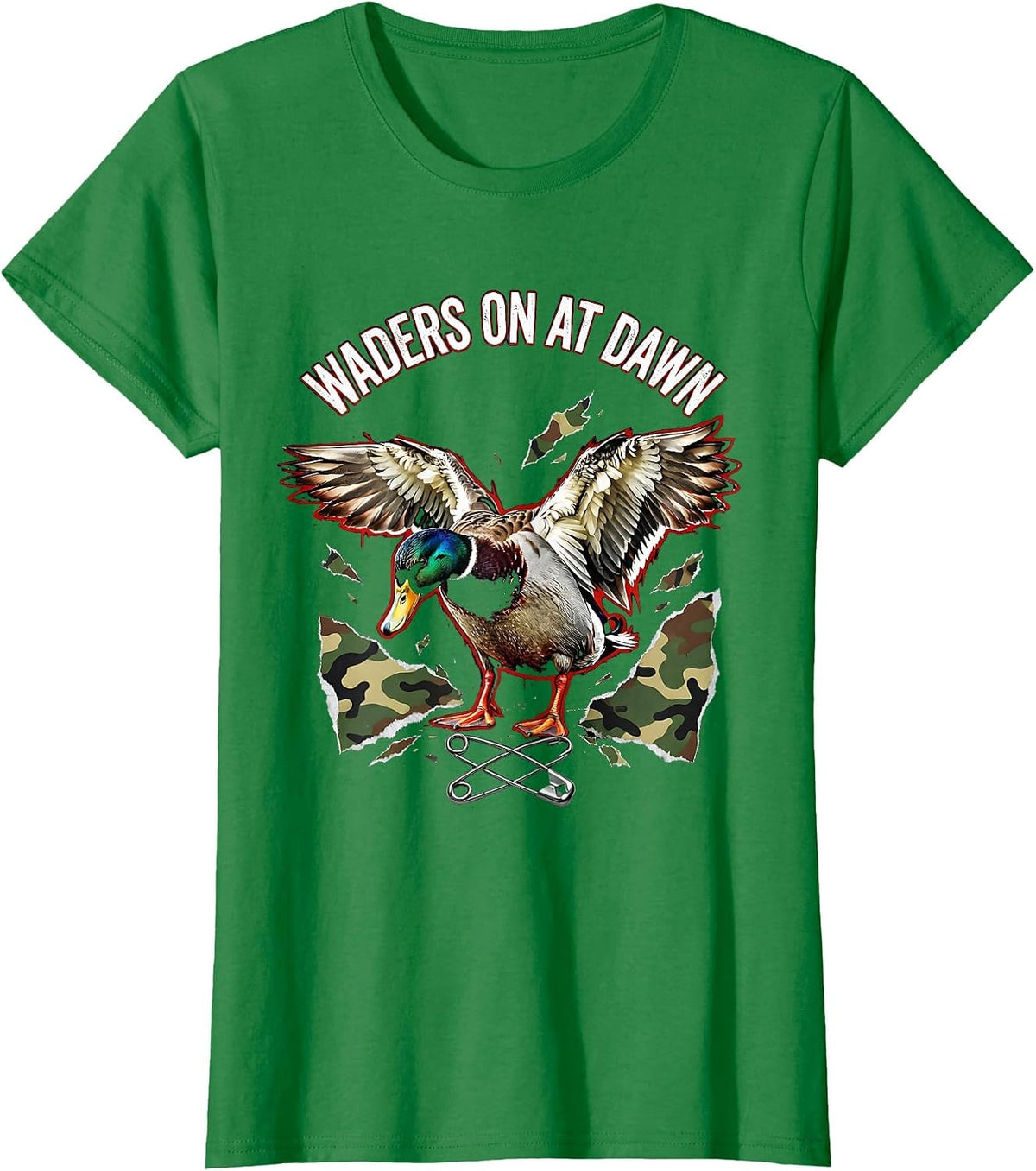 Duck Camo Waders On At Dawn Hunting Design T-Shirt - Kelly Green