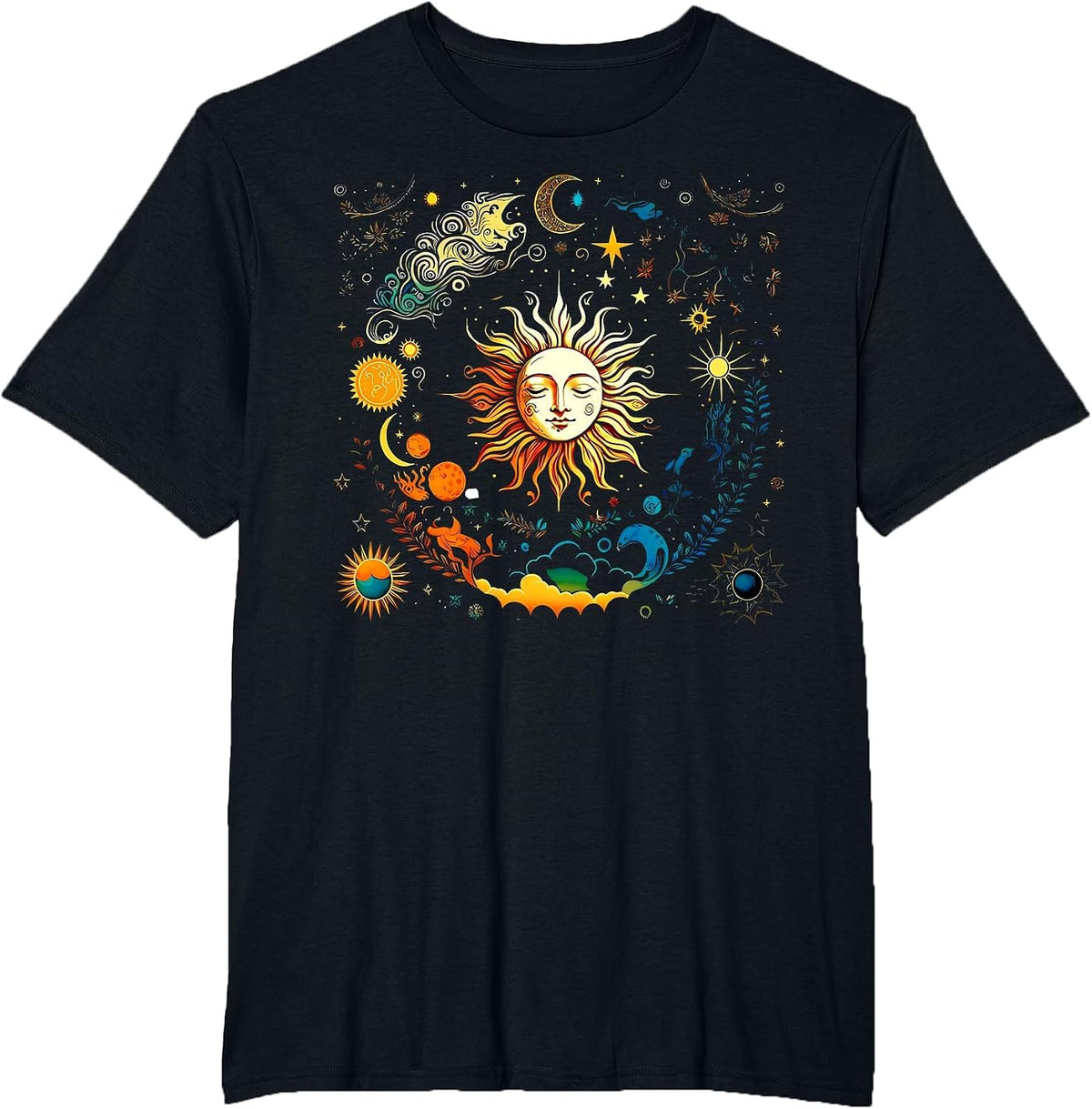 Celestial Sun & Elements Stars Boho Luna Solar Astronomy T-Shirt - Black
