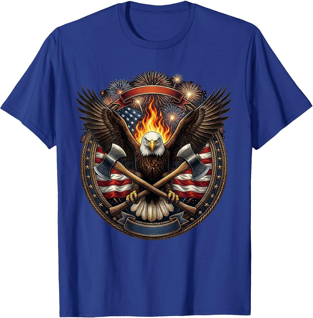 Crossed Axes Over Flame Firefighter Graphic T-Shirt - Royal Blue