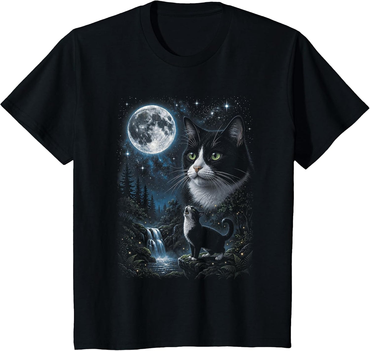 Tuxedo Howling at Moon 90's Retro Nature Forest Cat Lovers T-Shirt - Black