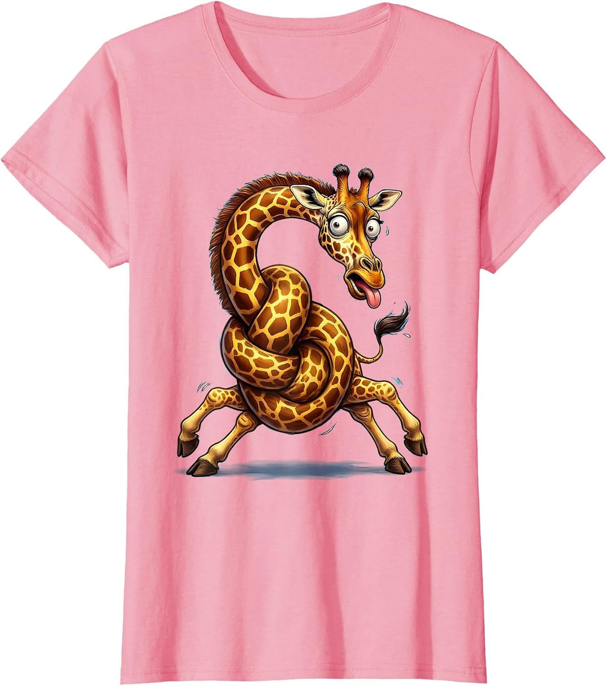 Women's Derpy Giraffe Tangled Neck Funny Animal Art T-Shirt - Pink