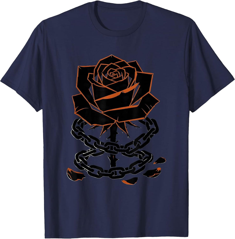 Black Rose and Rusty Chain Grunge Graphic T-Shirt - Navy Blue
