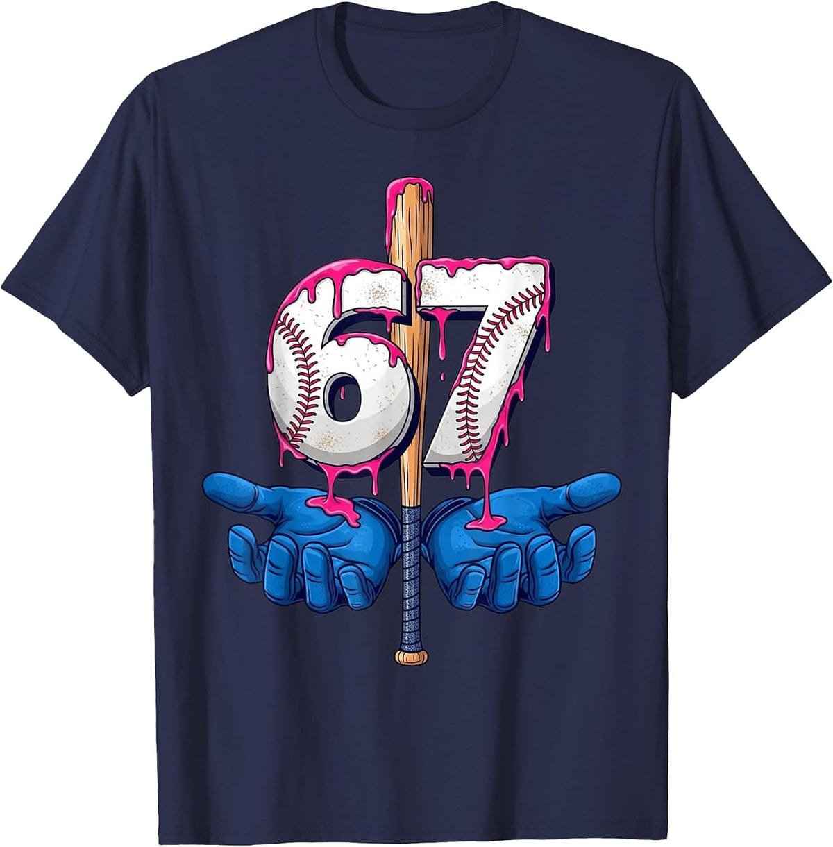 Baseball 67 Six Seven Funny Gen Alpha Meme Drip T-Shirt - Navy Blue