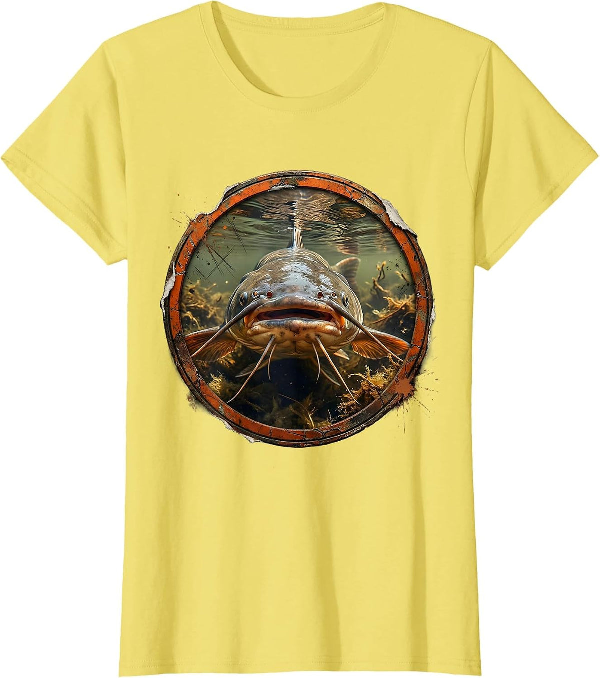 Giant Catfish Lurking Murky River Depths Fishing T-Shirt - Lemon Yellow