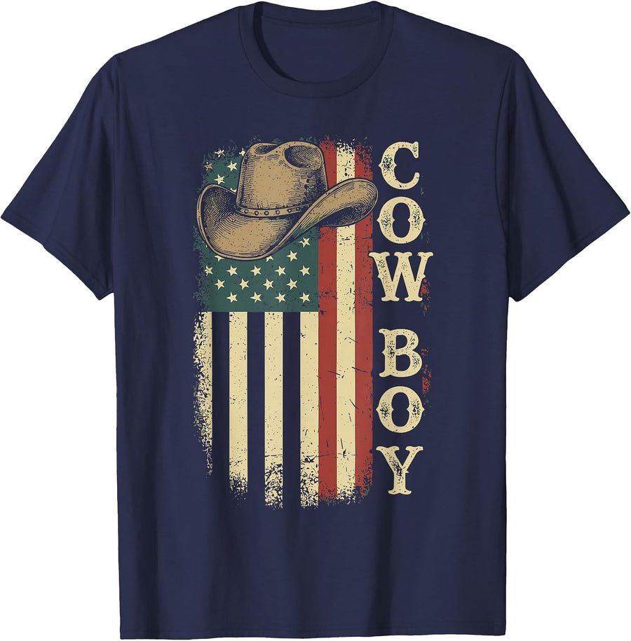 Western Country Men Boy Kid Rodeo Southern Retro Cowboy T-Shirt - Navy Blue