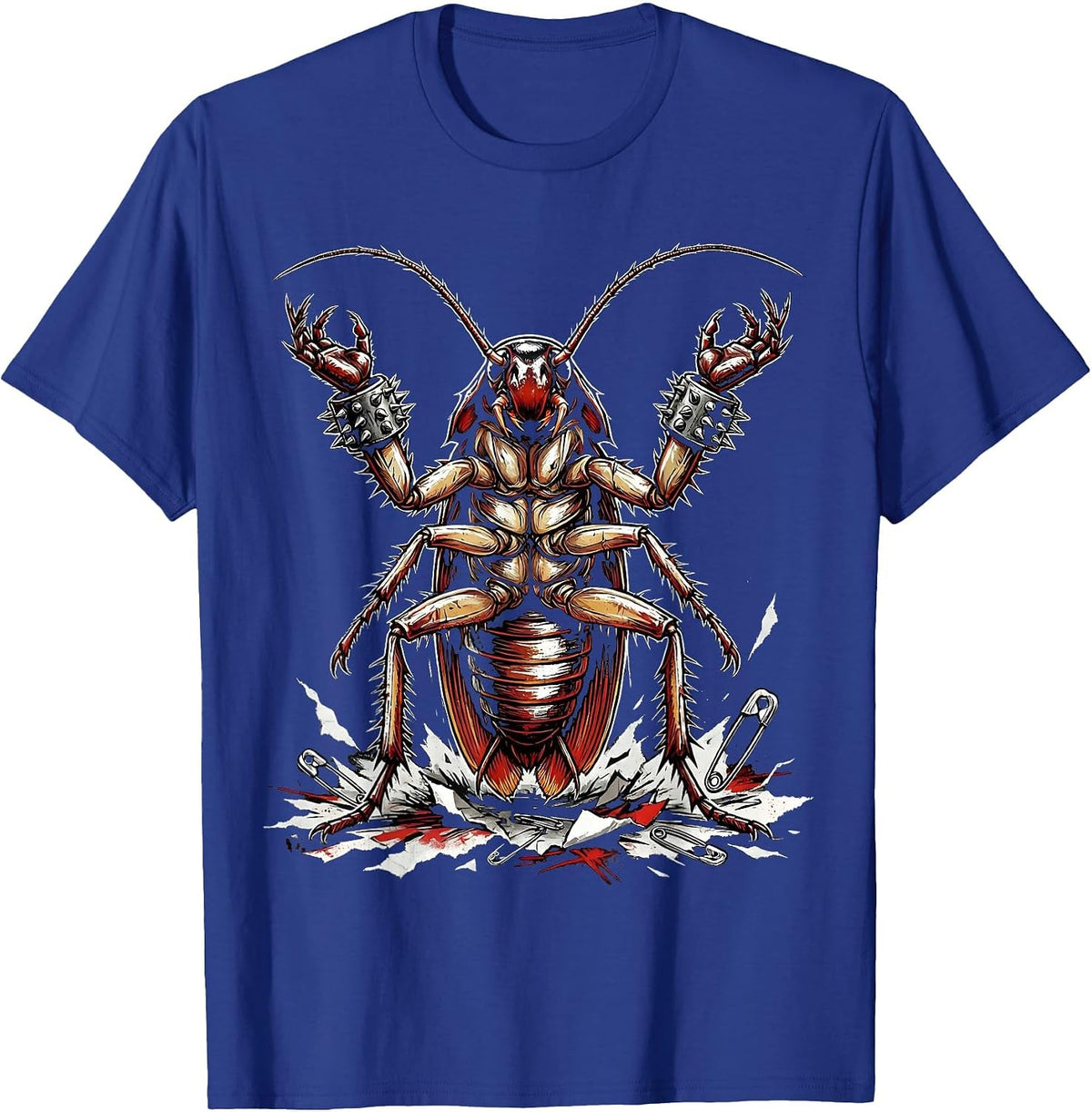Punk Cockroach Studded Wristbands Graphic T-Shirt - Royal Blue