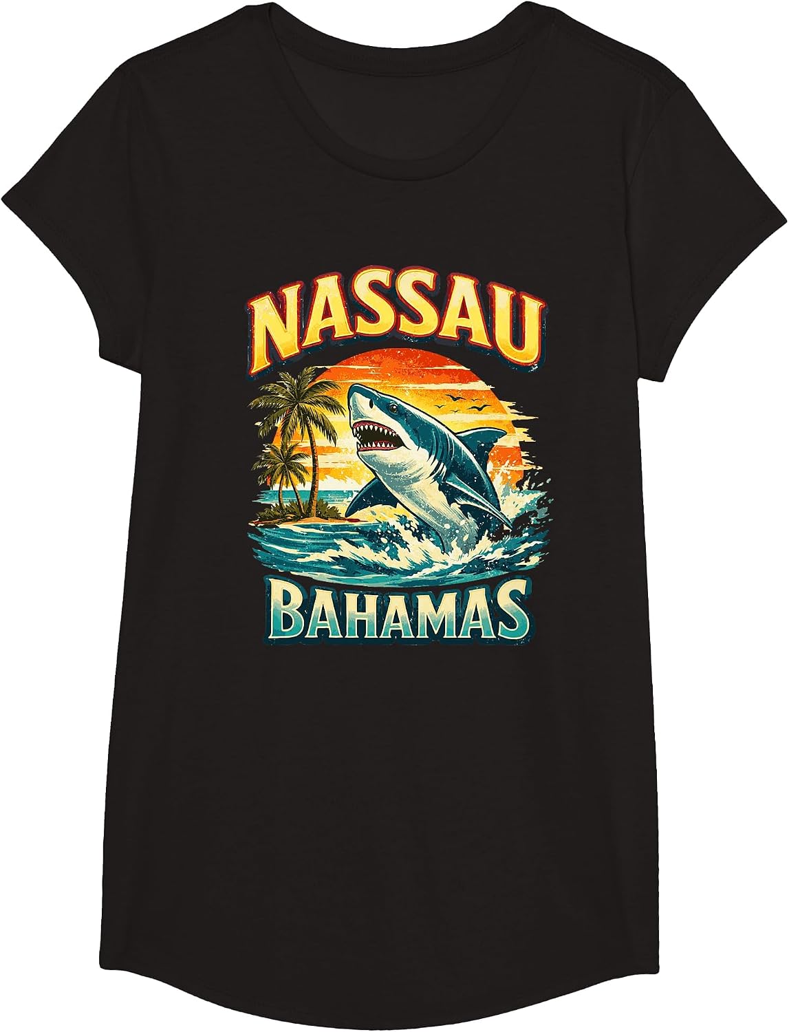 Nassau Bahamas Shark Beach Sunset Graphic T-Shirt - Girls Black