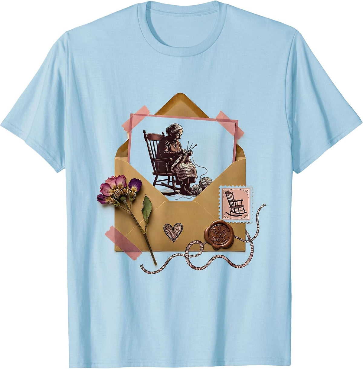Men's Grandma Knitting in Rocking Chair Illustration T-Shirt - Baby Blue