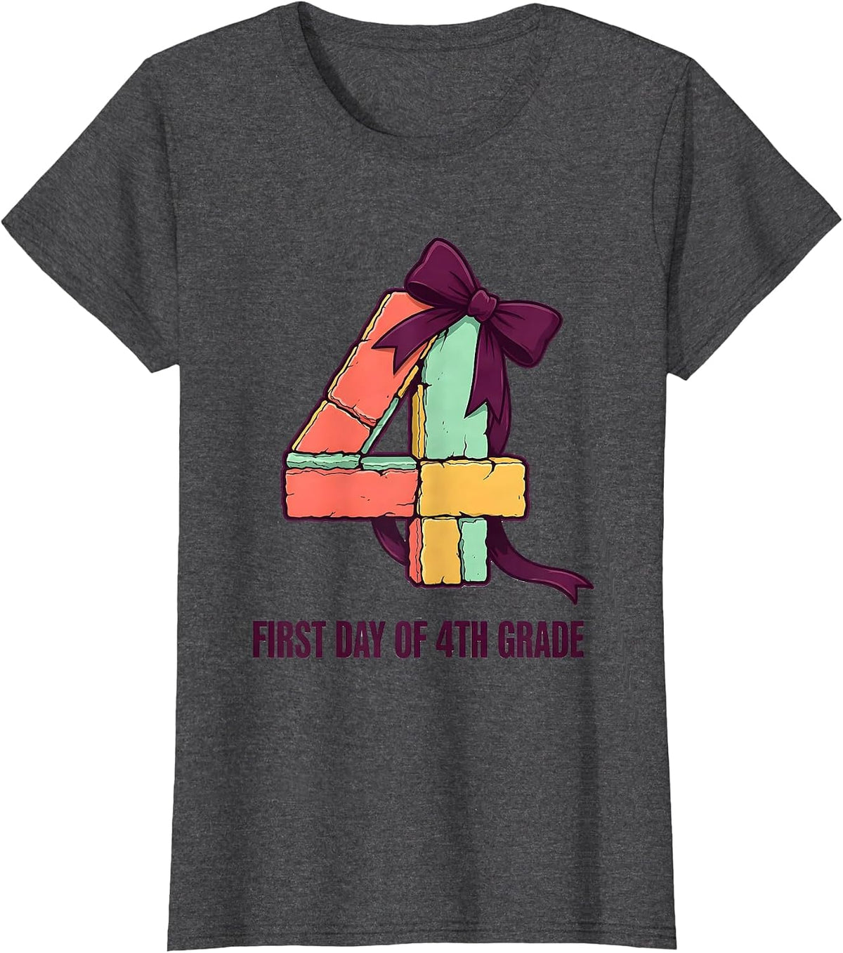 Women's First Day Of 4th Grade Cute Coquette Bow Back To School T-Shirt - Dark Heather Grey