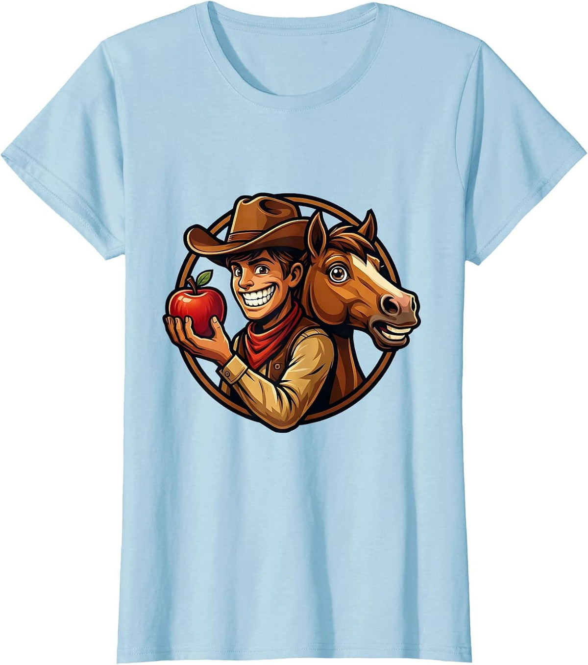 Women's Young Cowboy Feeding Apple to Horse Illustration T-Shirt - Baby Blue