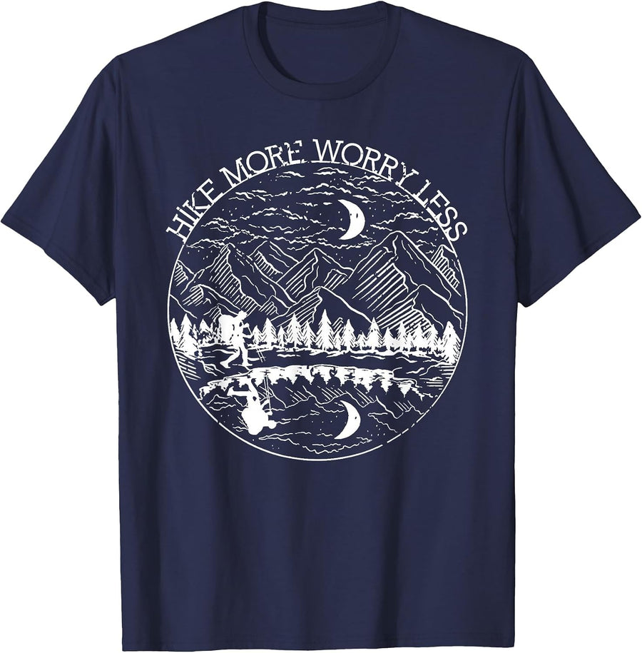 Hike More Worry Less Funny Mountain Nature Travel Hiking T-Shirt - Navy Blue