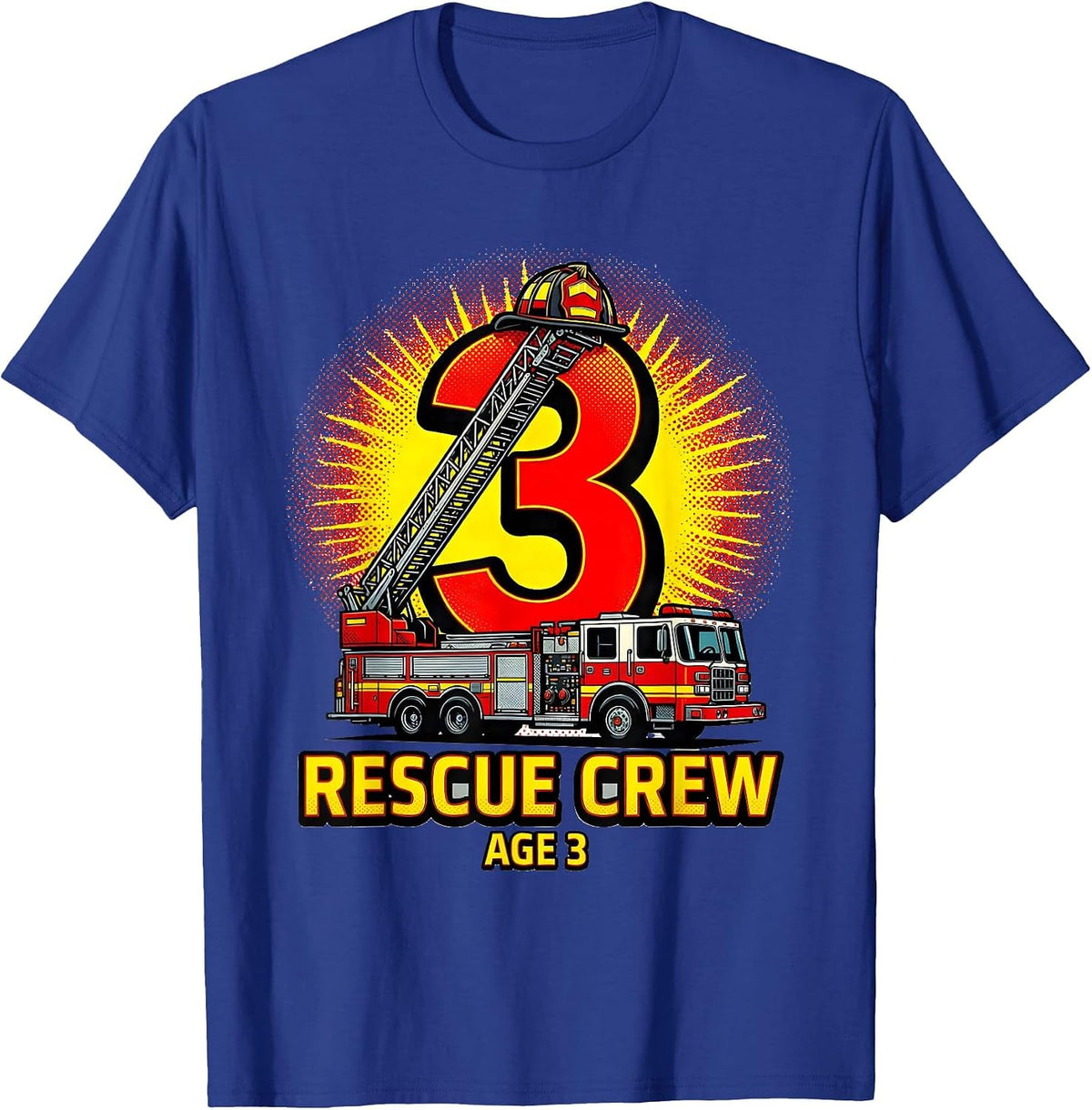 Rescue Crew Age 3 Pop Art Fire Truck Toddler Firefighter T-Shirt - Royal Blue