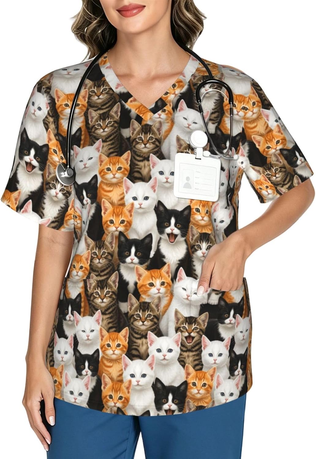 Supdreamc Women's Scrub Top Flexible V Neck Short Sleeve Nursing Uniform - Pattern (790)