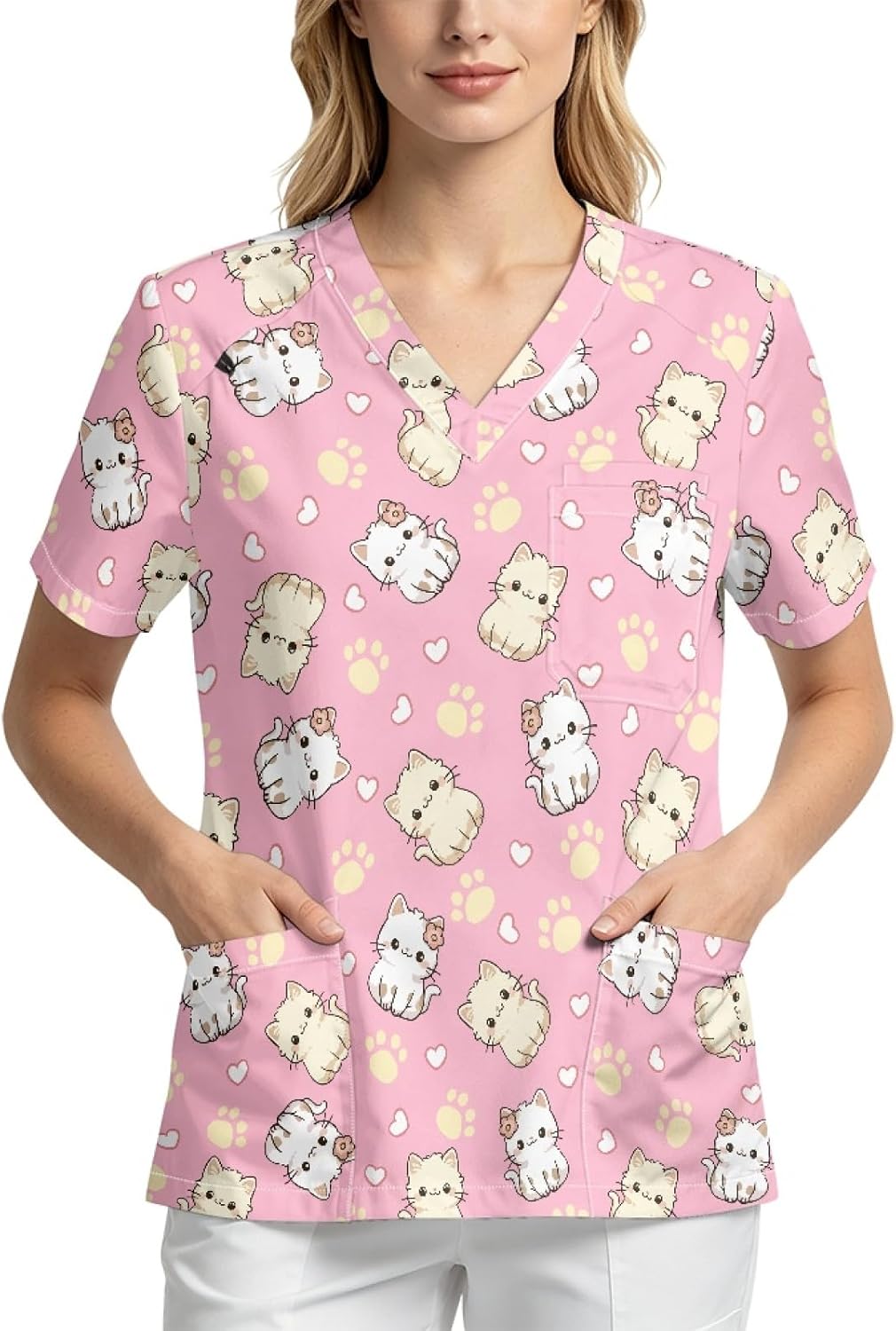 Medical Scrub Tops for Women V-Neck Scrub Tops with 4 Pockets - Cute Kitten Paw Print