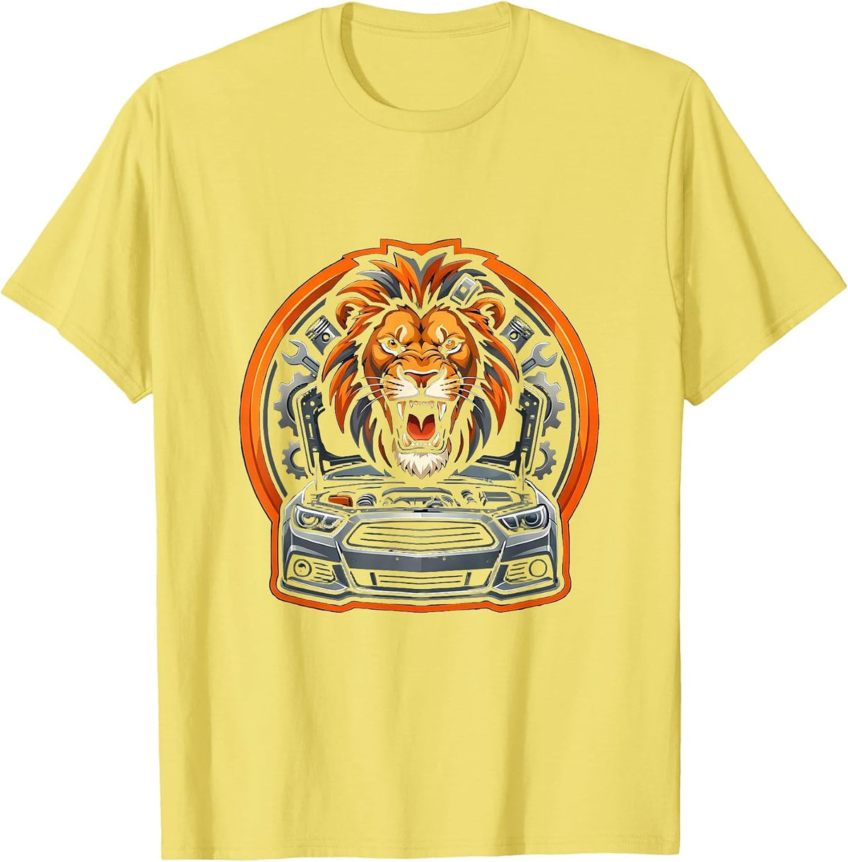 Men's Lion Engine Mechanic Open Hood Roar Graphic T-Shirt - Lemon Yellow