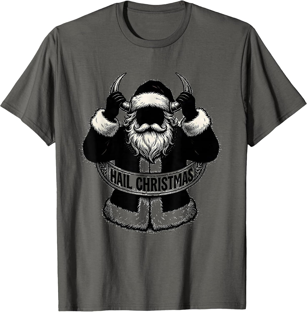Hail Christmas Blackwork Dotwork Heavy Metal Santa Parody T-Shirt - Asphalt Grey