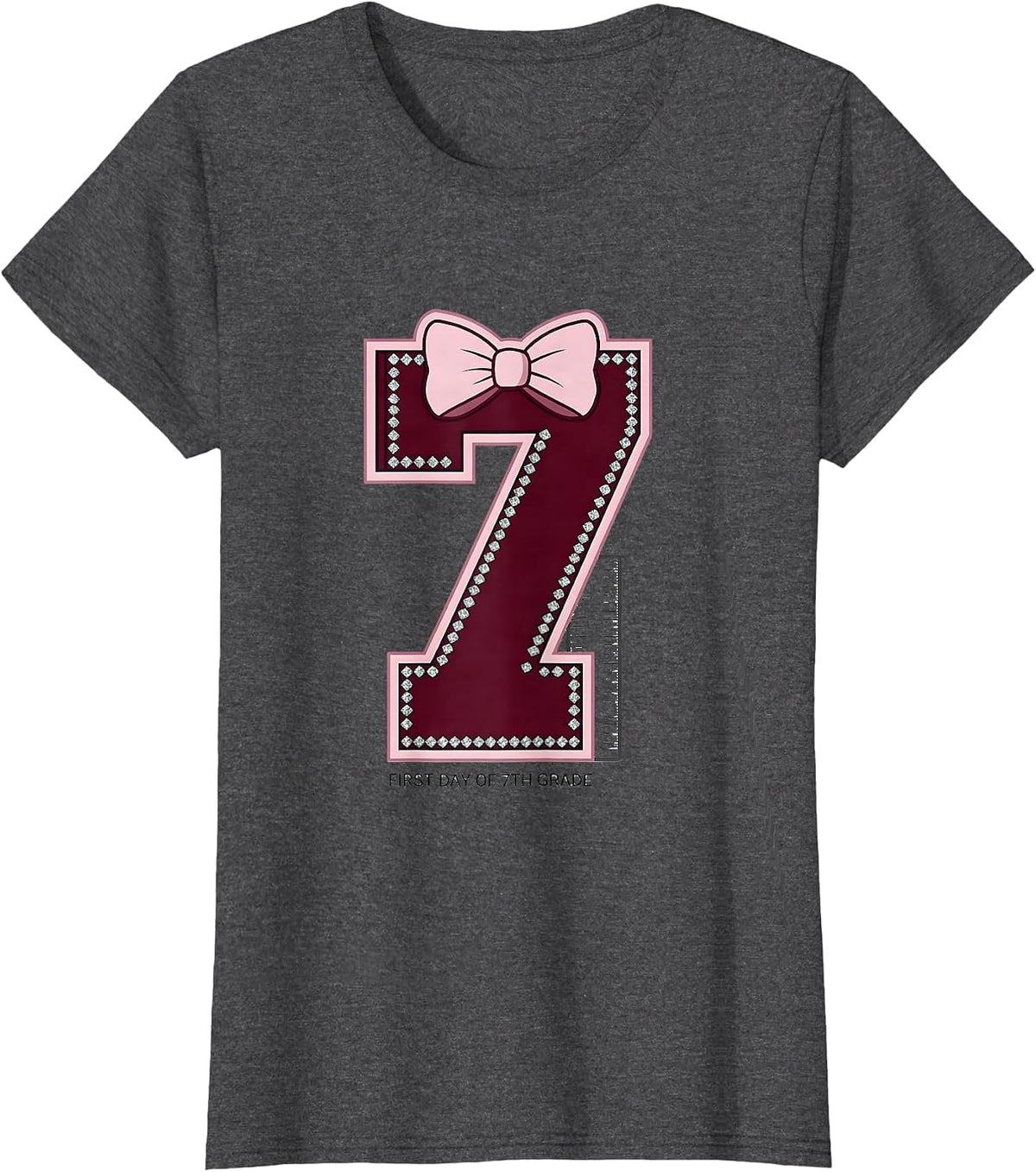 Women's First Day Of 7th Grade Sparkle Varsity Coquette Bow Back T-Shirt - Dark Heather Grey