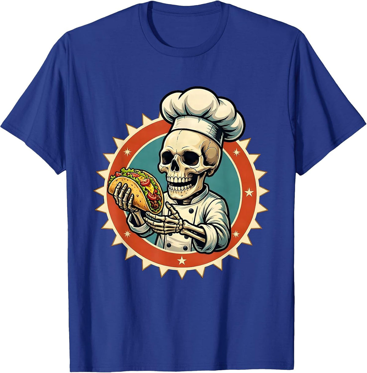 Men's Skeleton Chef Glowing Taco Illustration T-Shirt - Royal Blue