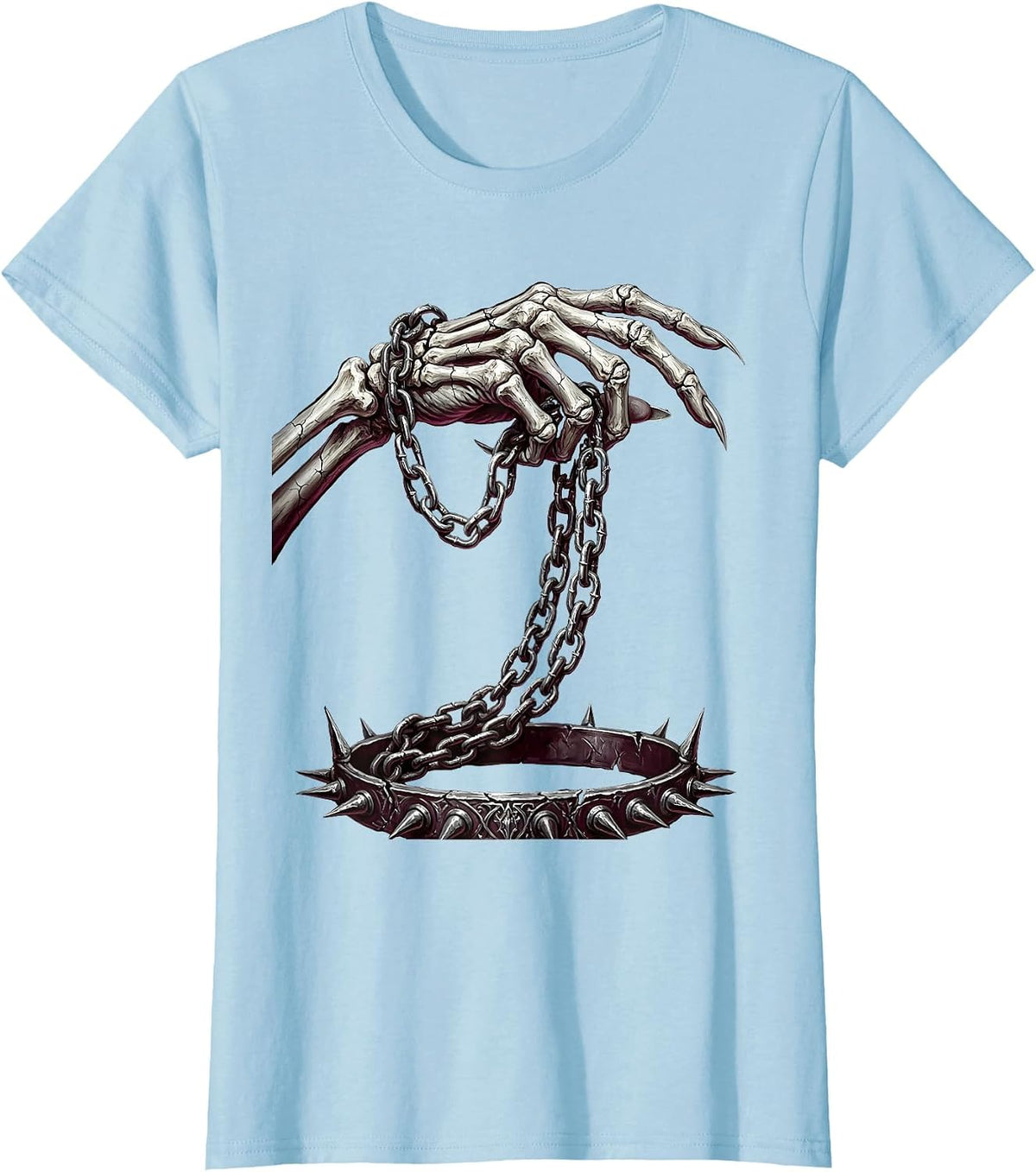 Skeletal Hand Chain Leash Punk Rock Graphic T-Shirt - Baby Blue