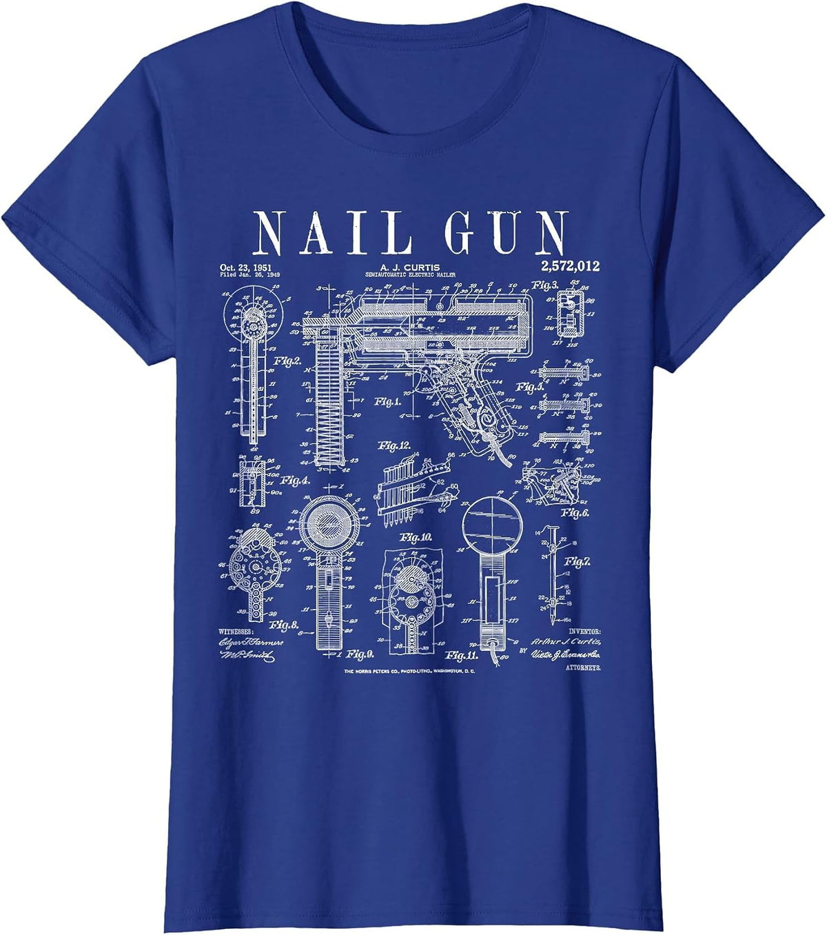 Carpenter Builder Construction Nail Gun Vintage Patent T-Shirt - Royal Blue